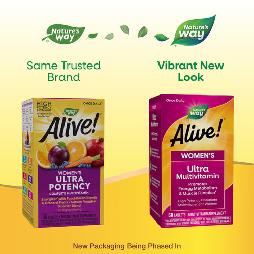 Two boxes of Nature's Way Alive! women's vitamins are displayed side by side, one with a colorful design labeled "Ultra Potency" and the other with a vibrant new look labeled "Ultra Multivitamin," highlighting brand updates.