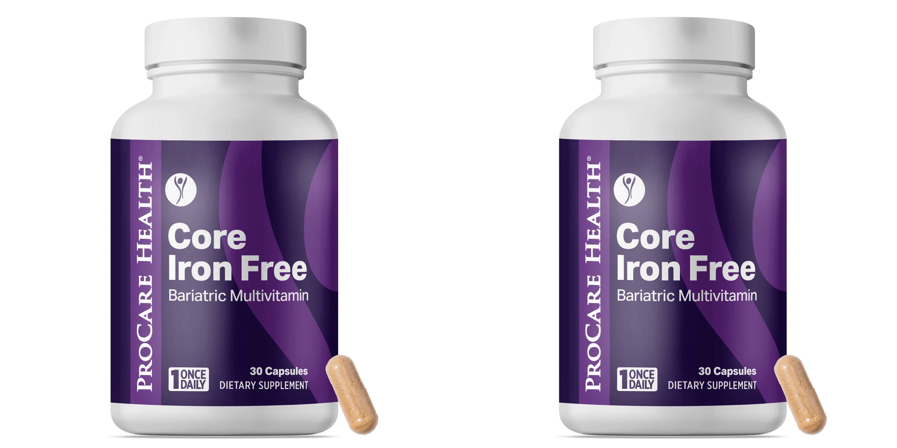 Two bottles of Procare Health Core Iron Free bariatric multivitamin are displayed side by side, each labeled with "30 Capsules" and "Once Daily," with one capsule placed in front of the bottles.