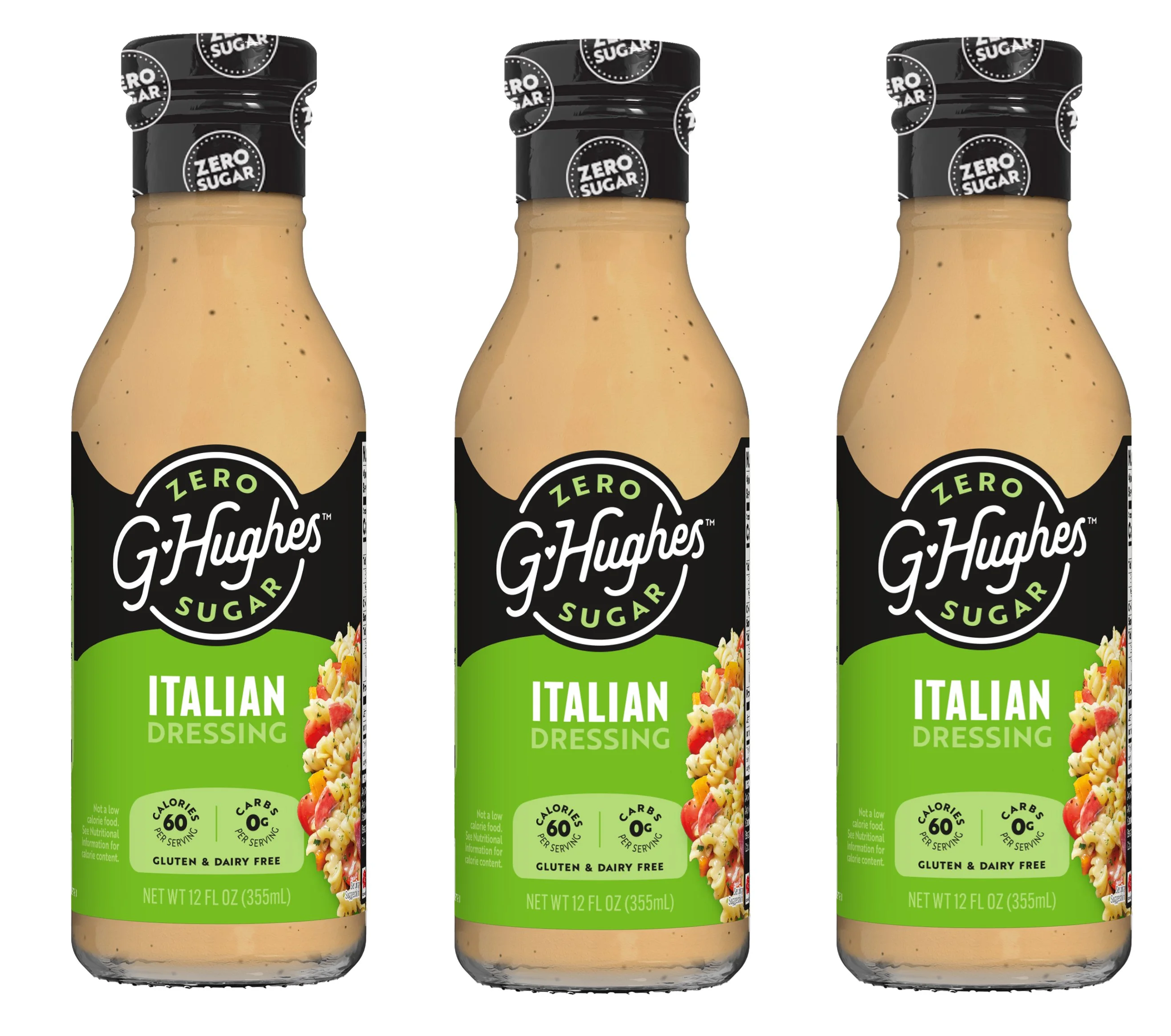 Three bottles of G. Hughes Zero Sugar Italian Dressing are displayed, each featuring a green label with the product name, nutritional information, and a colorful image of pasta salad.