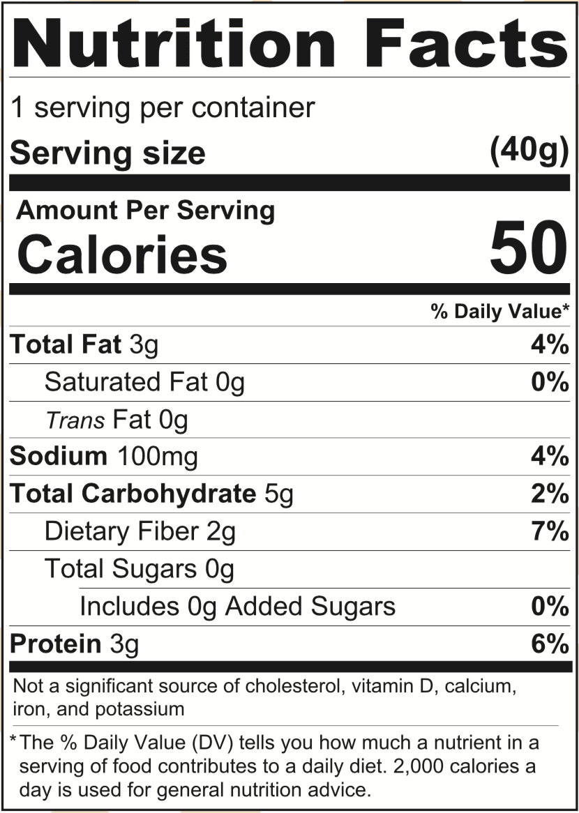 A nutrition facts label displays serving size, calories, and nutrient content, including total fat, sodium, carbohydrates, fiber, sugars, and protein, for a 40-gram serving.