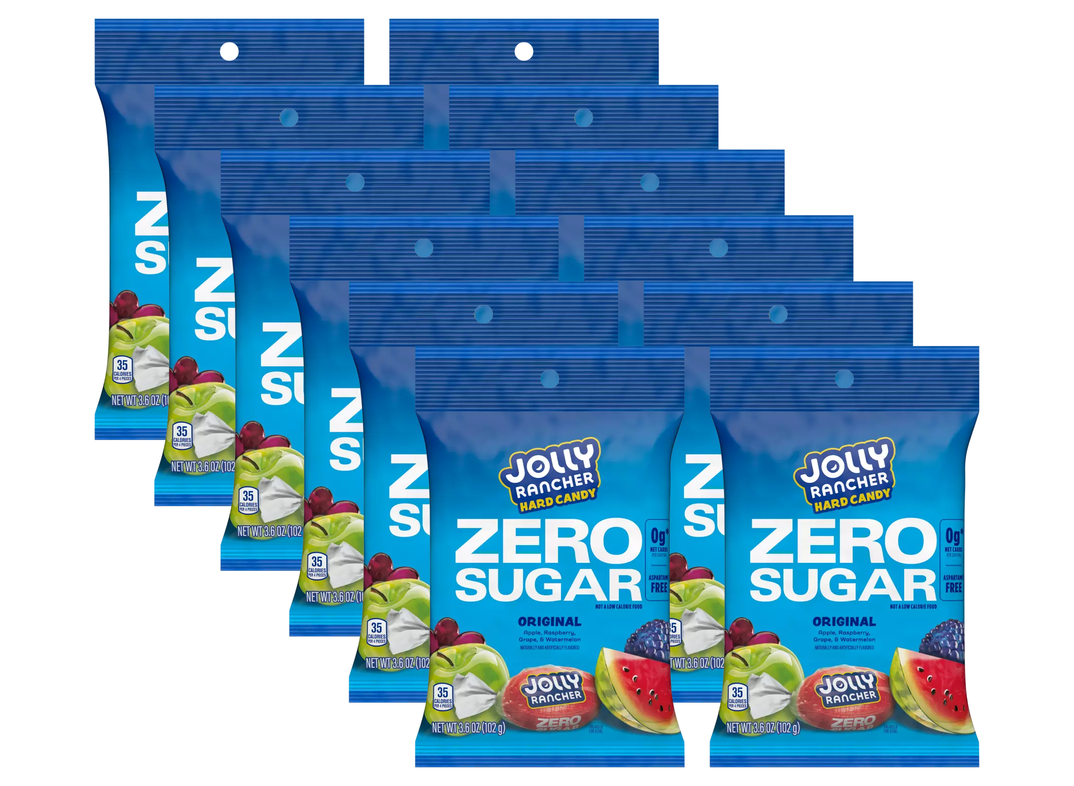 A collection of ten blue packages of Jolly Rancher Zero Sugar hard candy, featuring fruit images and the product name prominently displayed on each bag.