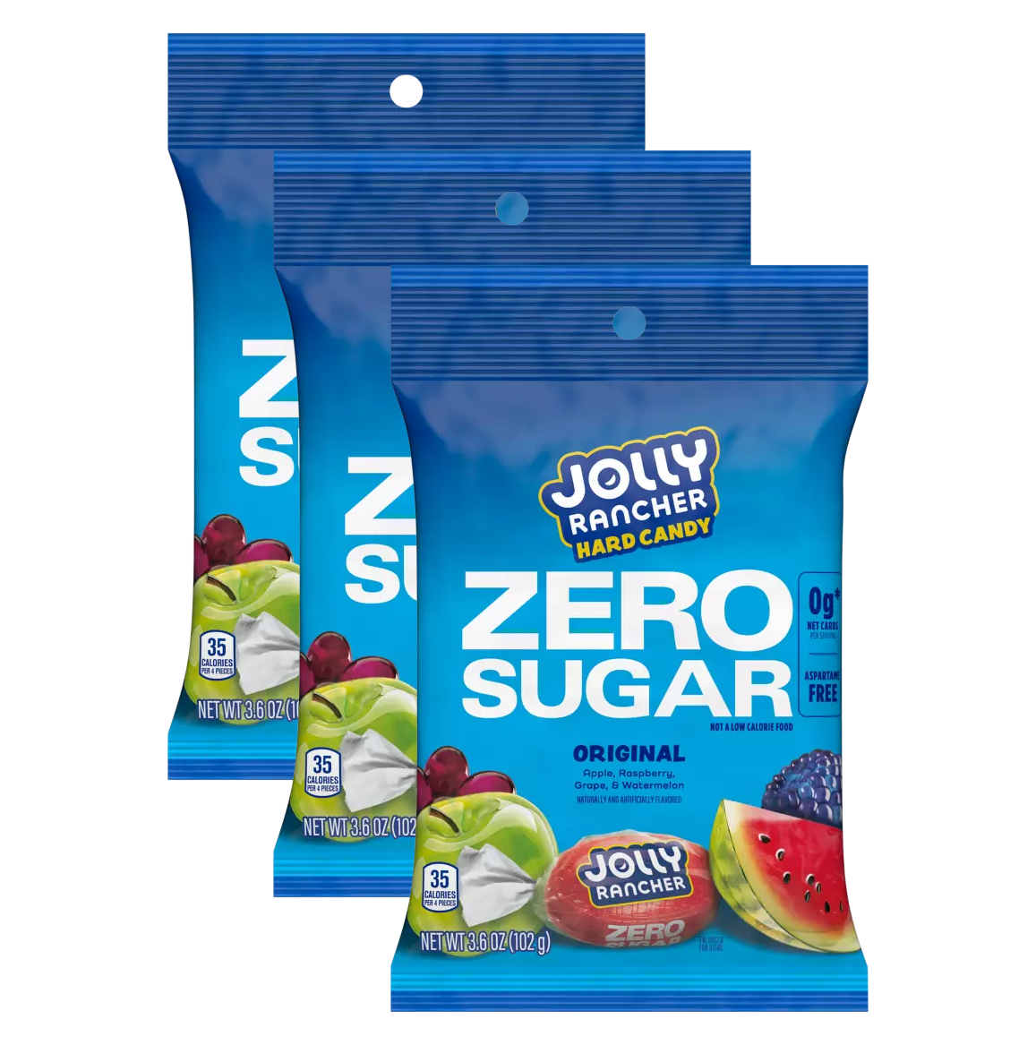Three packages of Jolly Rancher Zero Sugar hard candy, featuring a bright blue design with fruit images, labeled as "Original" and highlighting flavors like apple, raspberry, grape, and watermelon.