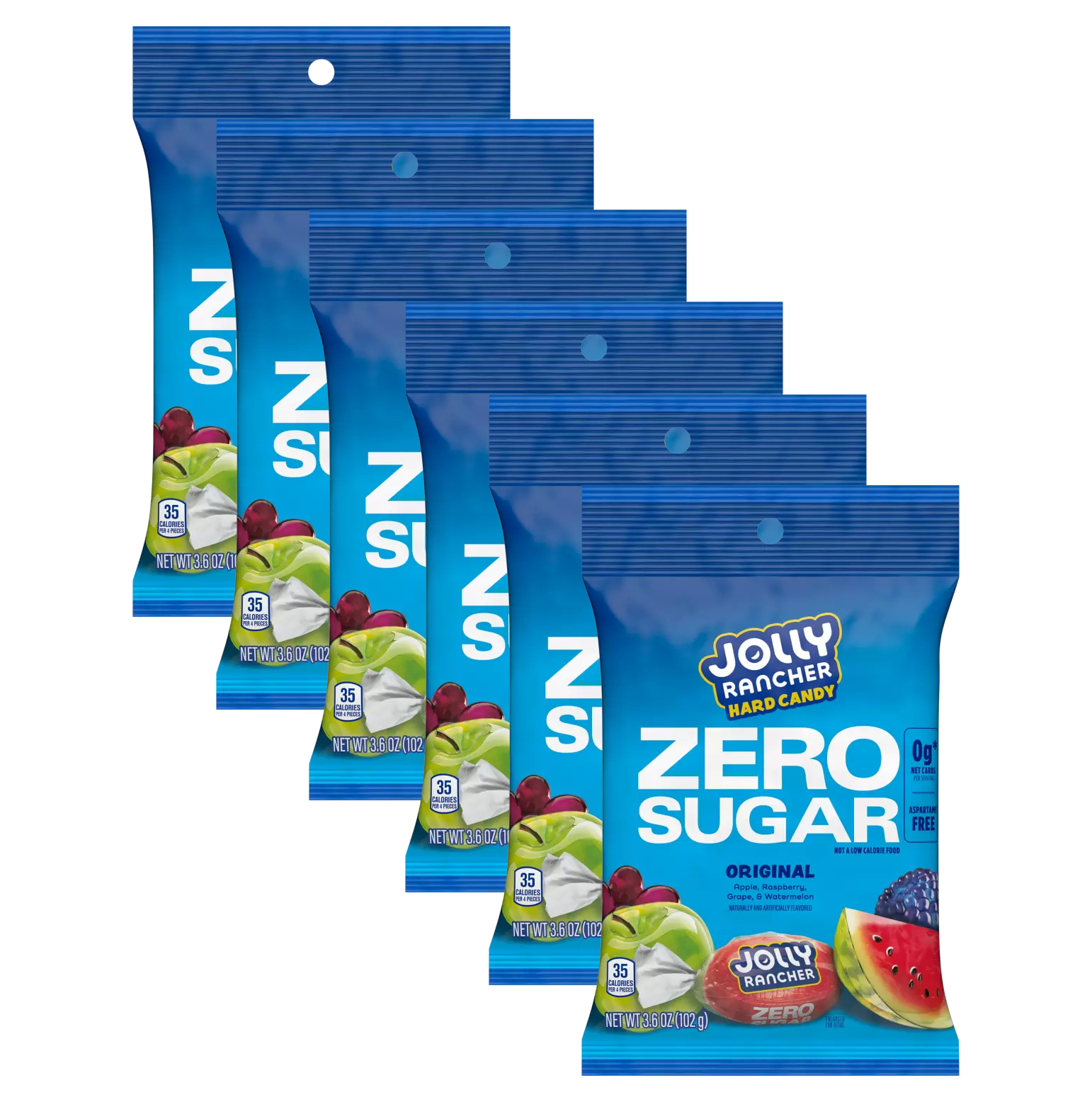 Six bags of Jolly Rancher Zero Sugar hard candy are displayed, featuring a bright blue background with images of green apple, cherry, watermelon, and blackberry flavors.