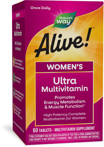 A brightly colored box of Nature's Way Alive! Women's Ultra Multivitamin, featuring the product name prominently, highlights benefits for energy metabolism and muscle function, and contains 60 tablets.