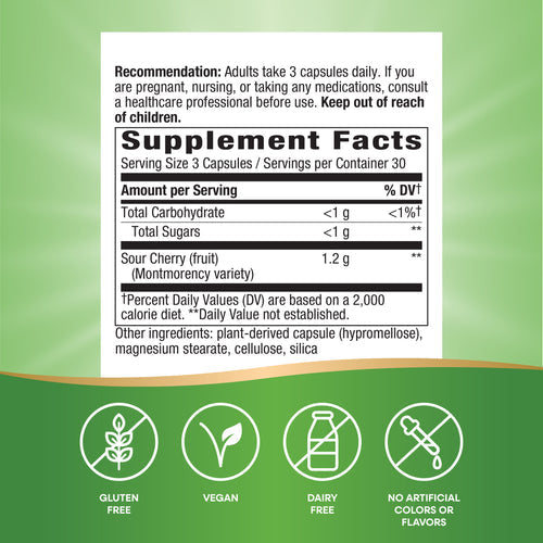 A supplement facts label displays serving size, nutritional information, and ingredient details, set against a green background with icons indicating gluten-free, vegan, dairy-free, and no artificial colors or flavors.