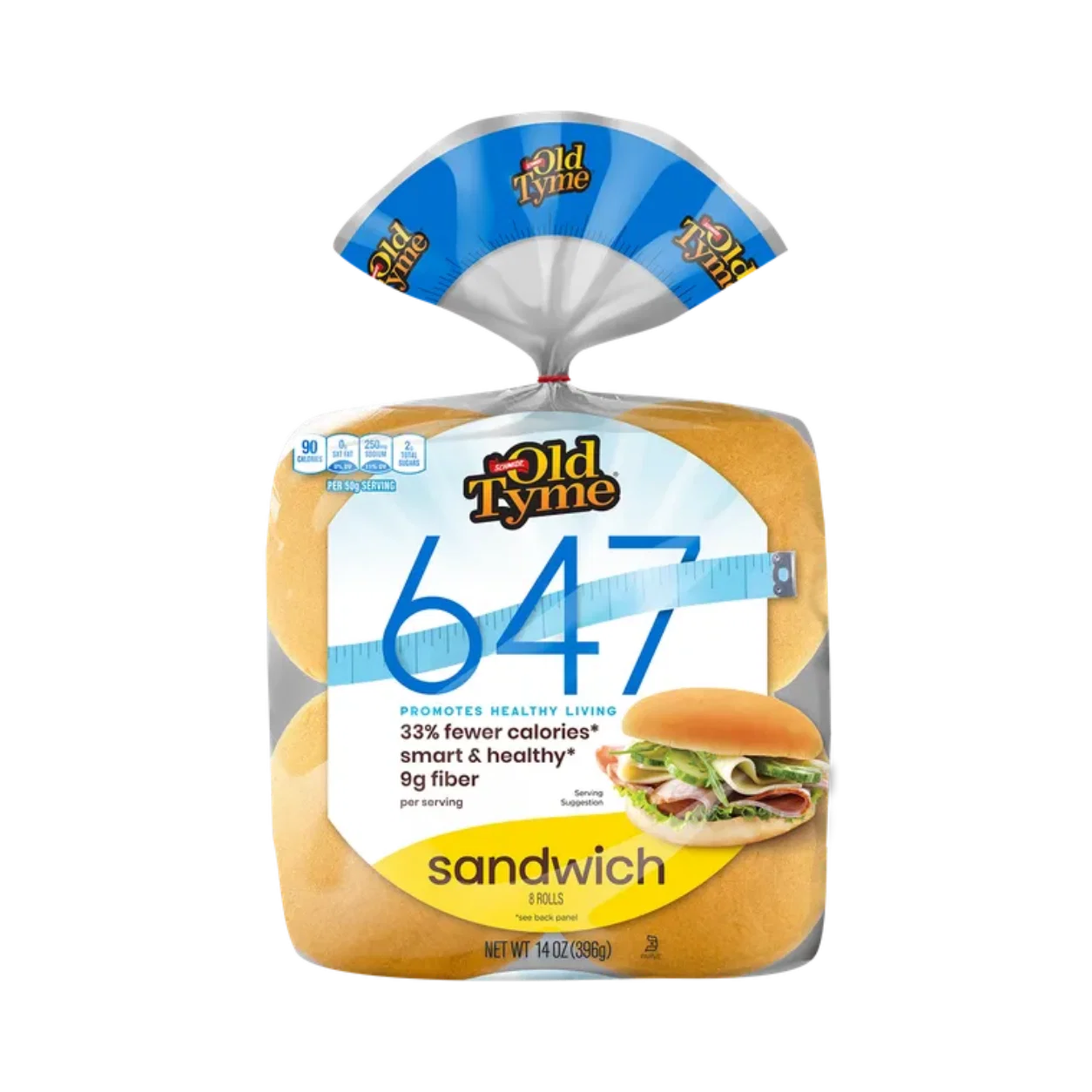 A package of Old Tyme 647 sandwich rolls, featuring a blue and white design, highlights 33% fewer calories and 9 grams of fiber per serving, with a serving suggestion of a sandwich displayed.