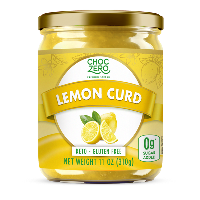 A jar of ChocZero lemon curd is displayed with a bright yellow label, featuring images of lemons and text highlighting that it is keto and gluten-free, weighing 11 ounces.
