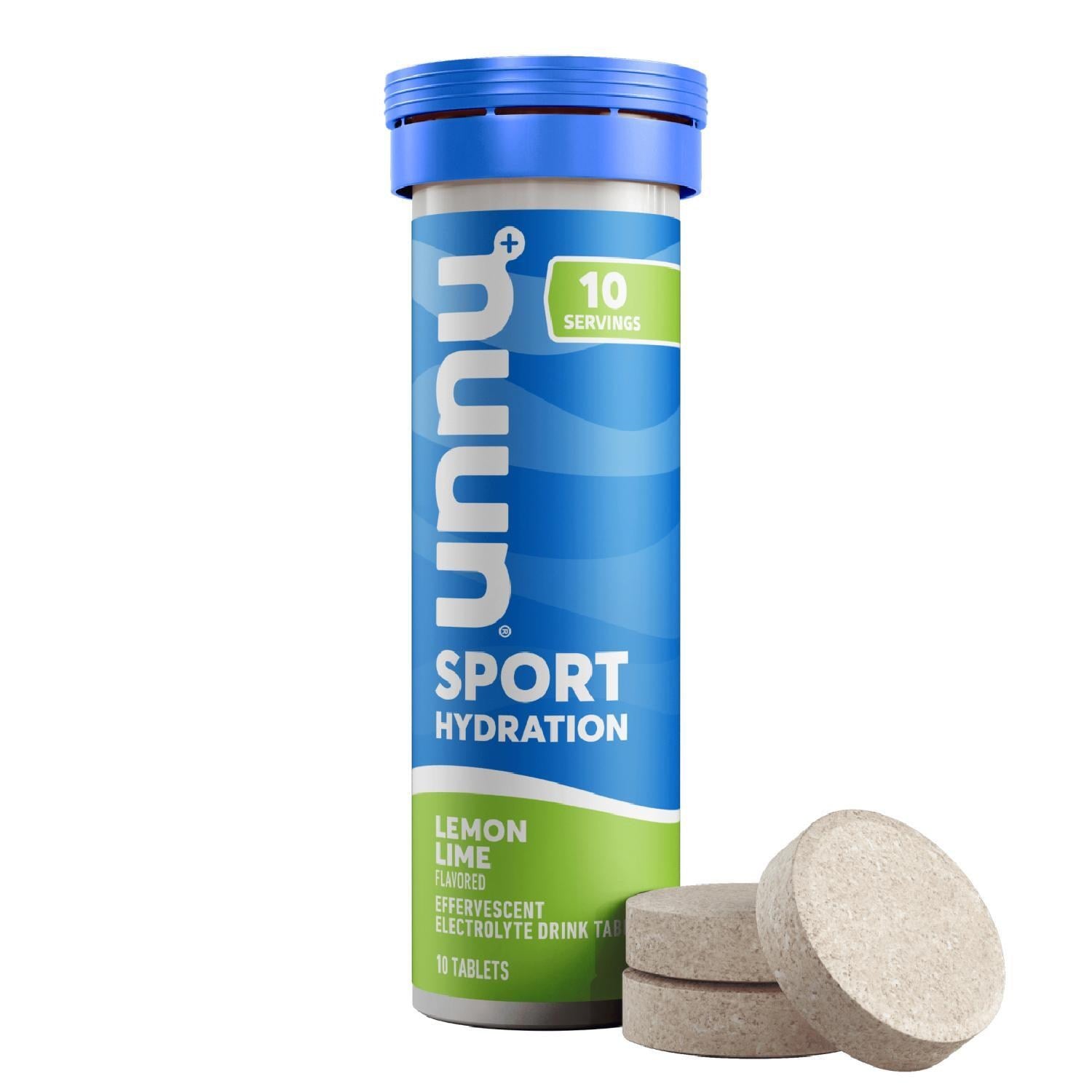 A blue and silver tube labeled "unnu Sport Hydration" with "Lemon Lime" flavor stands upright, accompanied by three light-colored effervescent tablets on a white background.