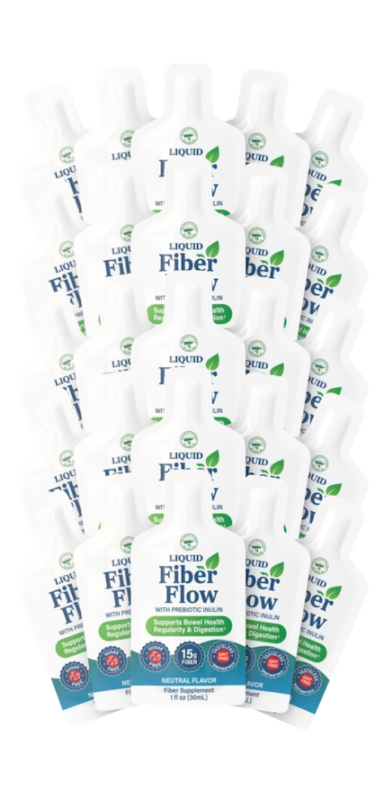 A stack of liquid fiber supplement bottles labeled "Liquid Fiber Flow" with prebiotic inulin, designed to support bowel health and digestion, featuring a neutral flavor and a clean, modern design.