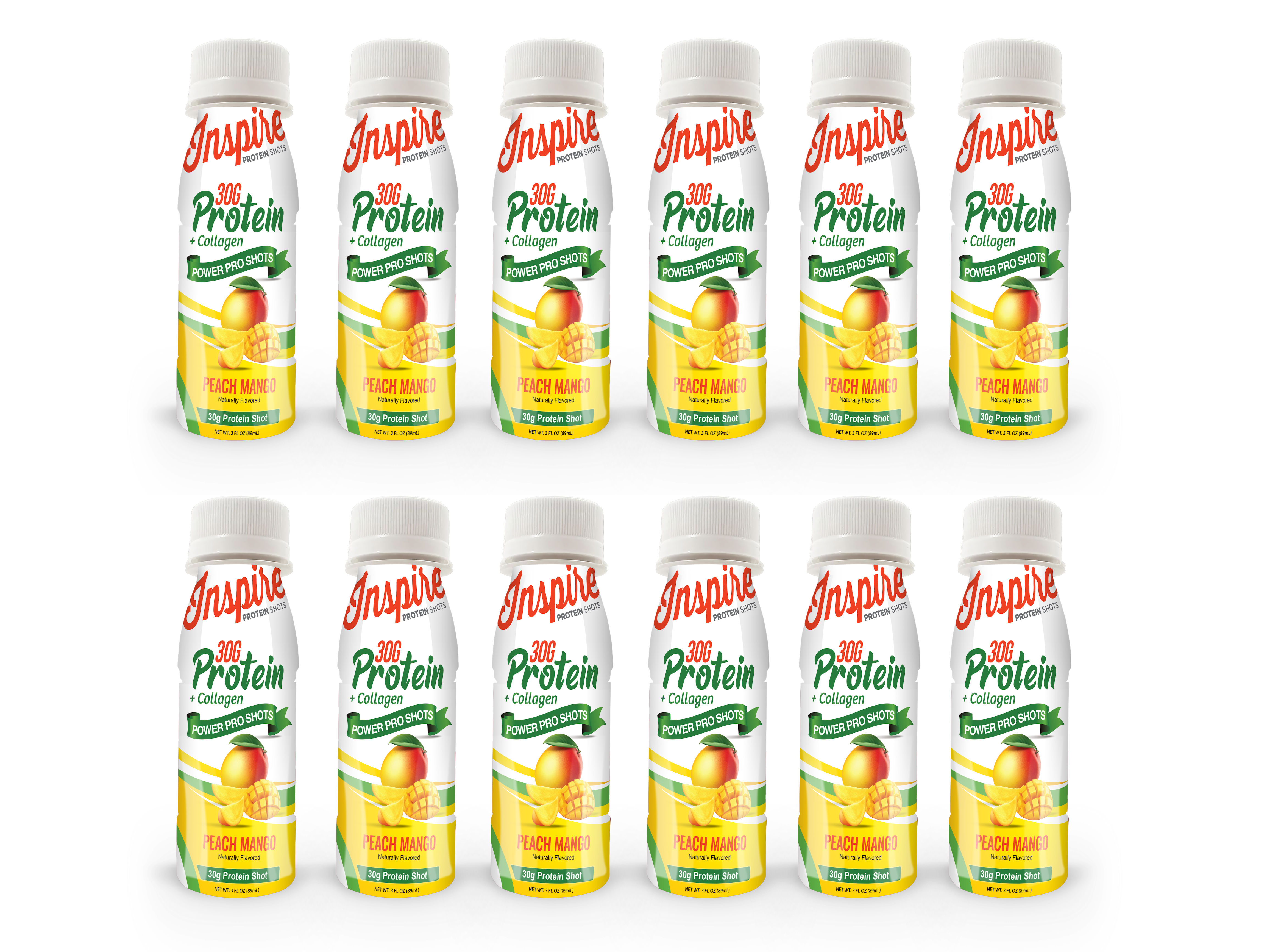 A grid of twelve bottles of Inspire 306 Protein + Collagen Power Pro Shots in Peach Mango flavor, featuring bright labels and a refreshing design, arranged neatly for display.