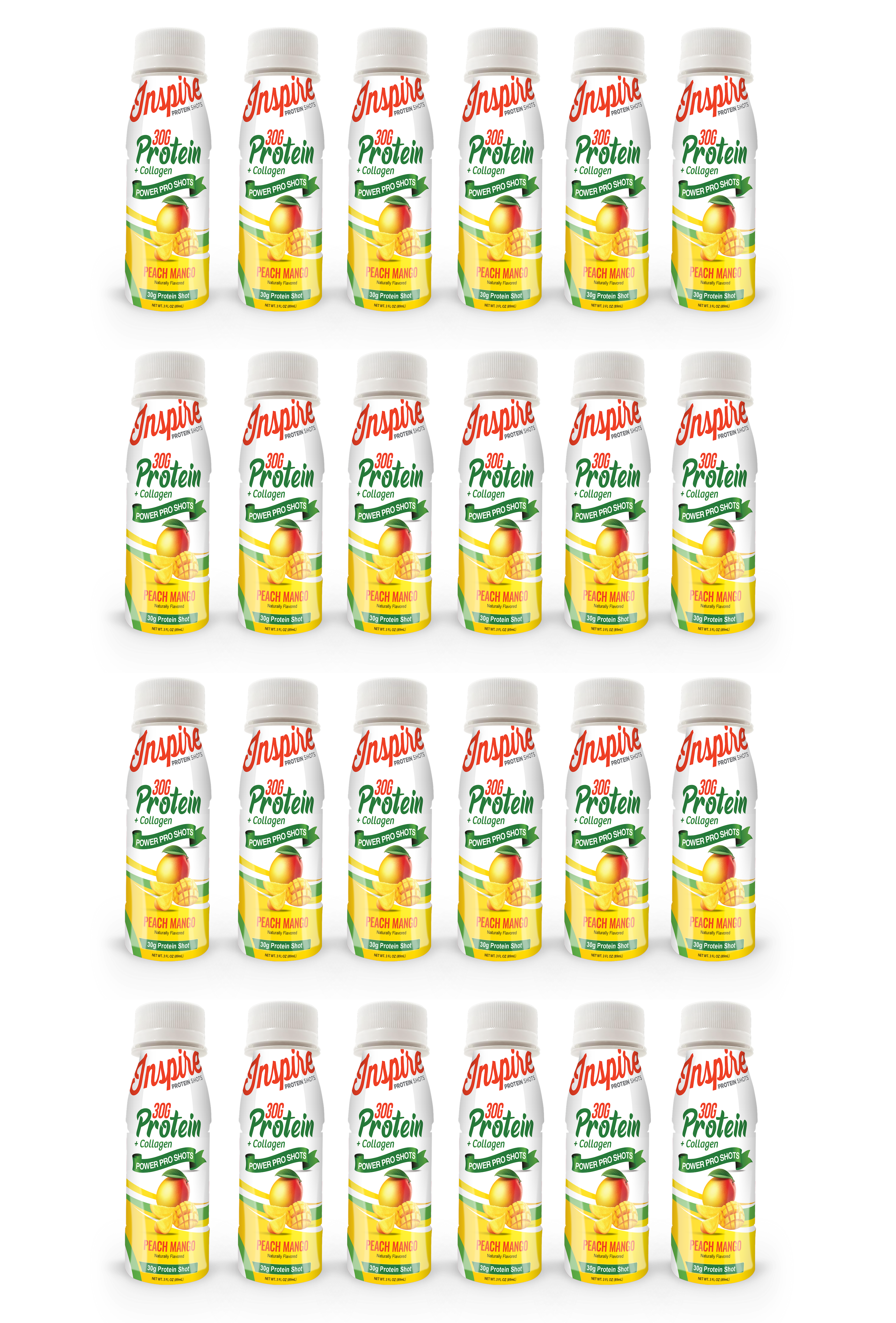 A display of twenty-four bottles of Inspire 306 Protein Collagen Power Pro Shots in Peach Mango flavor, arranged in four rows on a gray shelf.