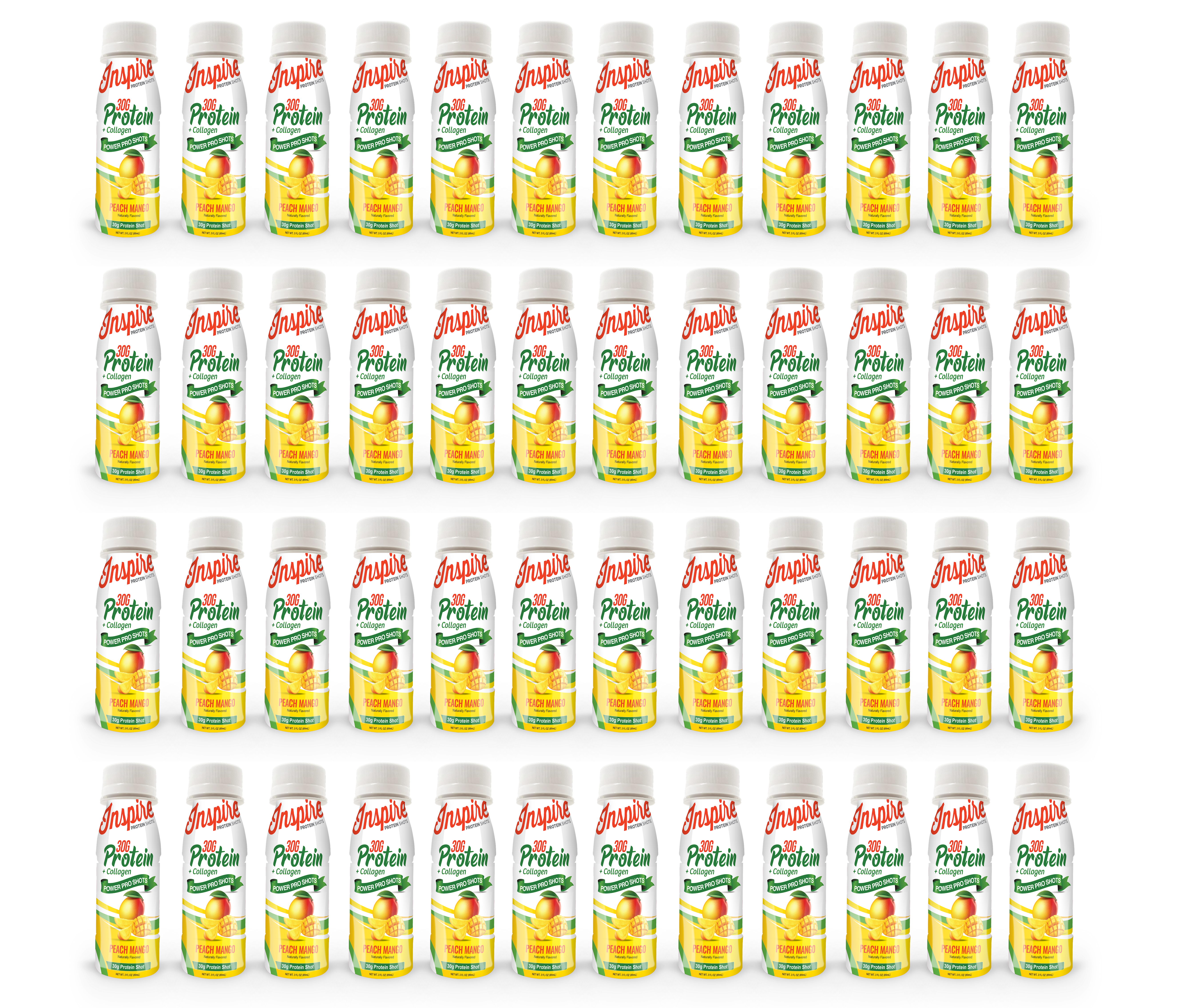 A grid of 48 protein drink bottles is displayed, each labeled "Inspire 20g Protein" with a peach mango flavor, set against a plain background.