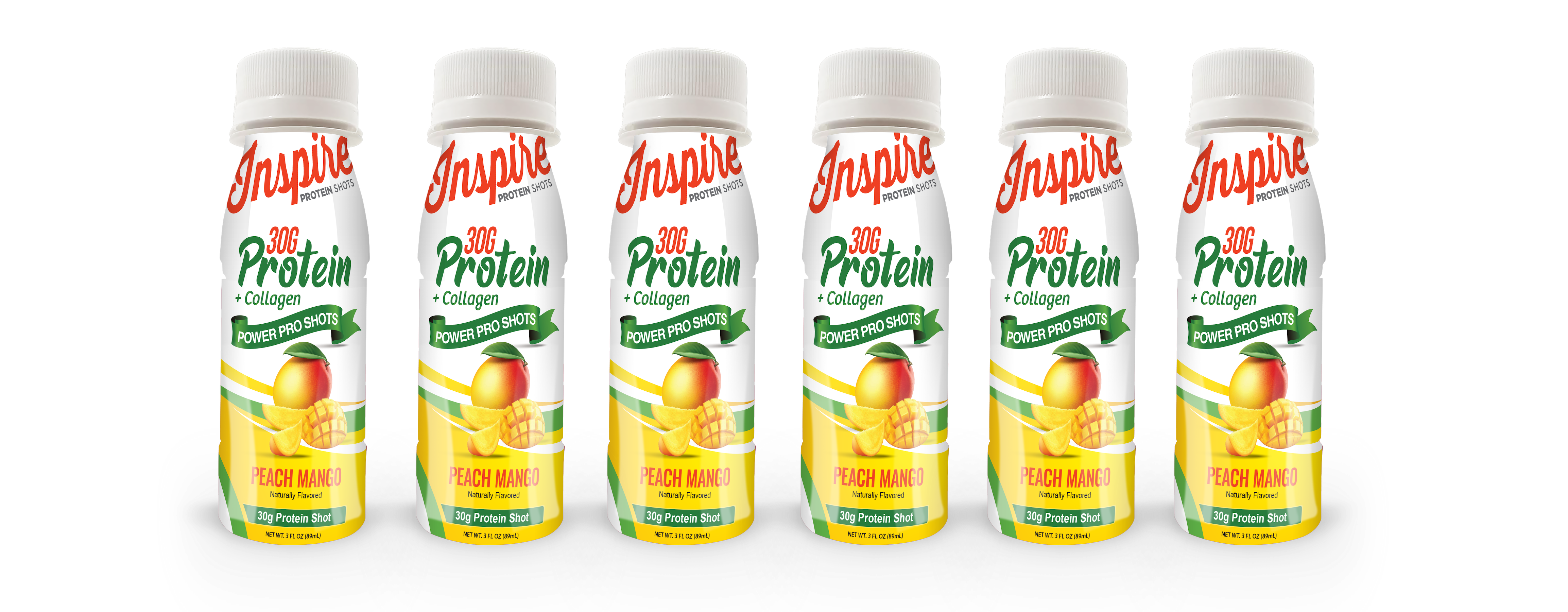 Six bottles of Inspire Protein Shots are lined up, each featuring a label that highlights 30g of protein and collagen, with a peach mango flavor prominently displayed.