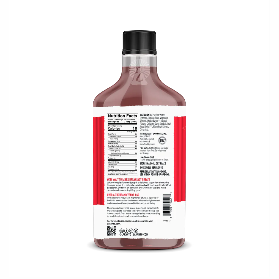 A bottle of flavored syrup is shown from the back, displaying its nutrition facts, ingredients, and storage instructions against a simple background.