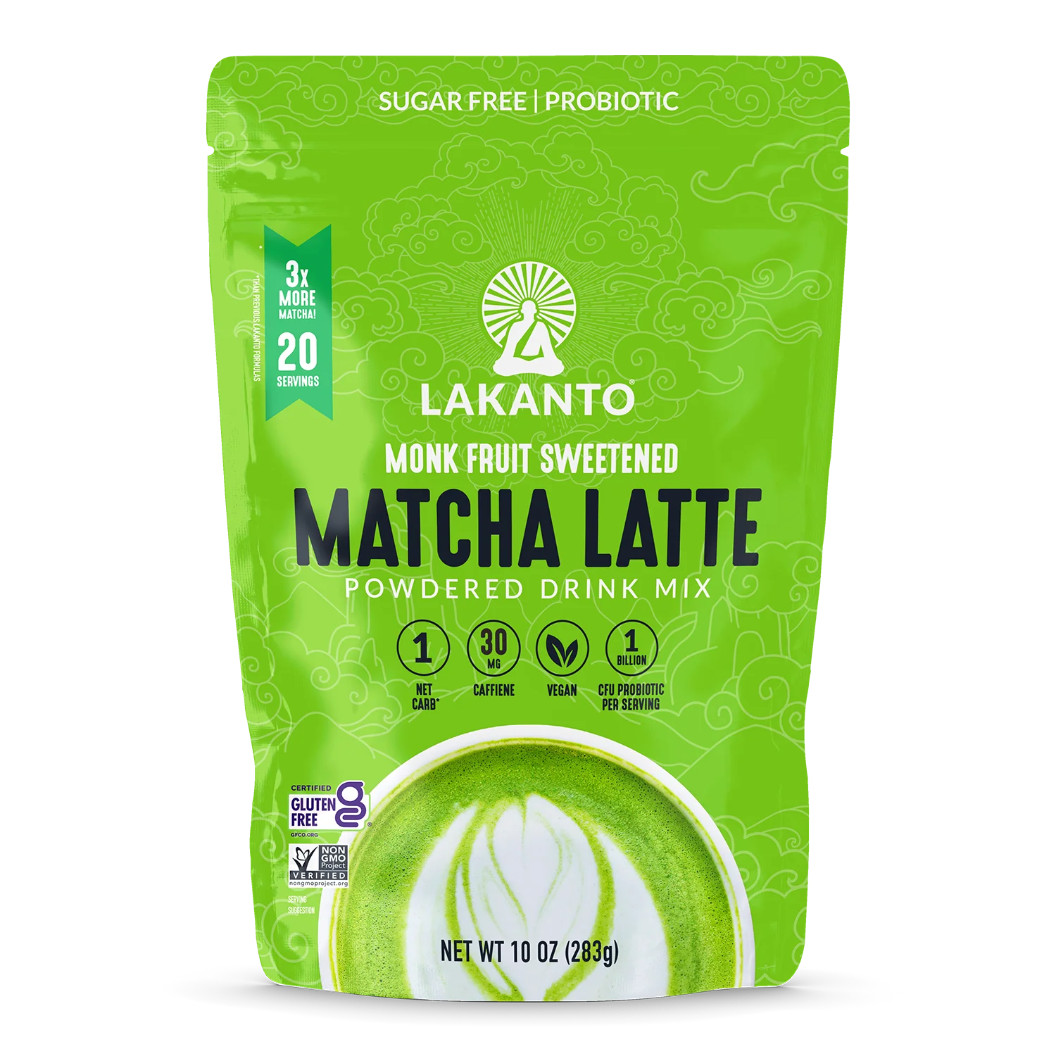 A bright green package of Lakanto Monk Fruit Sweetened Matcha Latte powdered drink mix features the product name prominently, along with details about its sugar-free, vegan, and probiotic qualities.