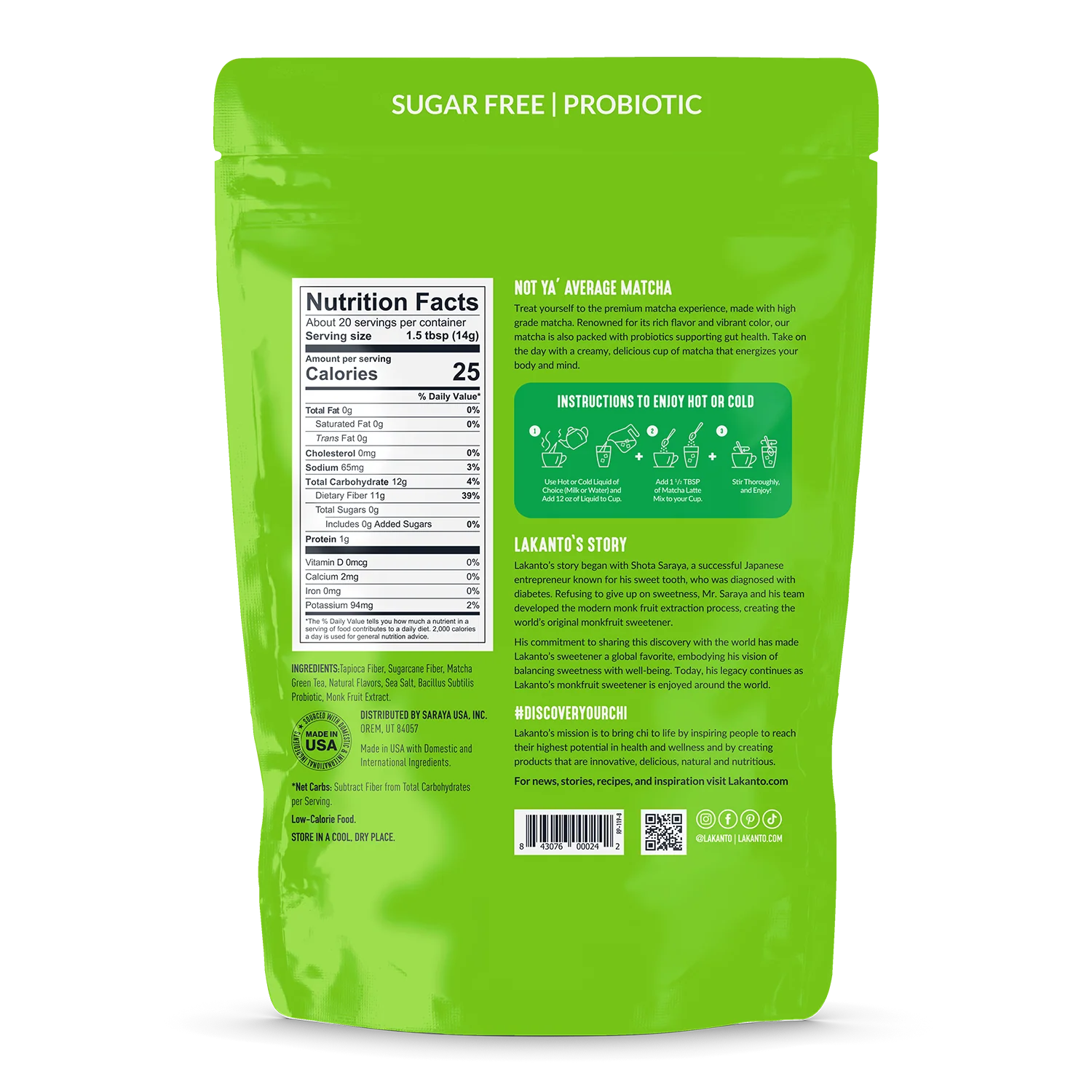 A green packaging for sugar-free probiotic matcha powder features nutrition facts, ingredient list, serving instructions, and a brief story about the brand's founder, Shota Saraya.