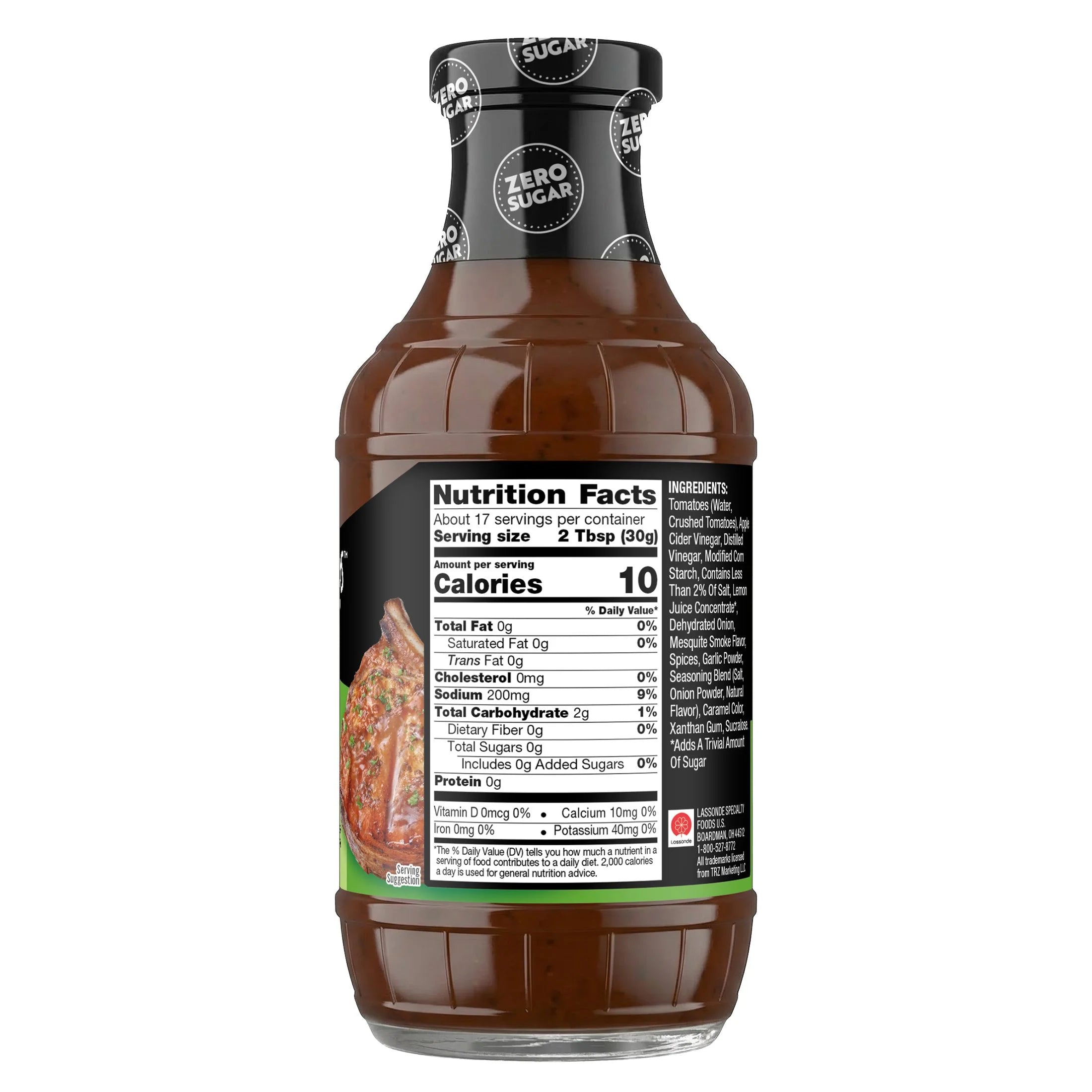 A clear glass bottle of zero-sugar barbecue sauce displays a nutrition facts label, highlighting serving size, calories, and ingredients, set against a plain white background.