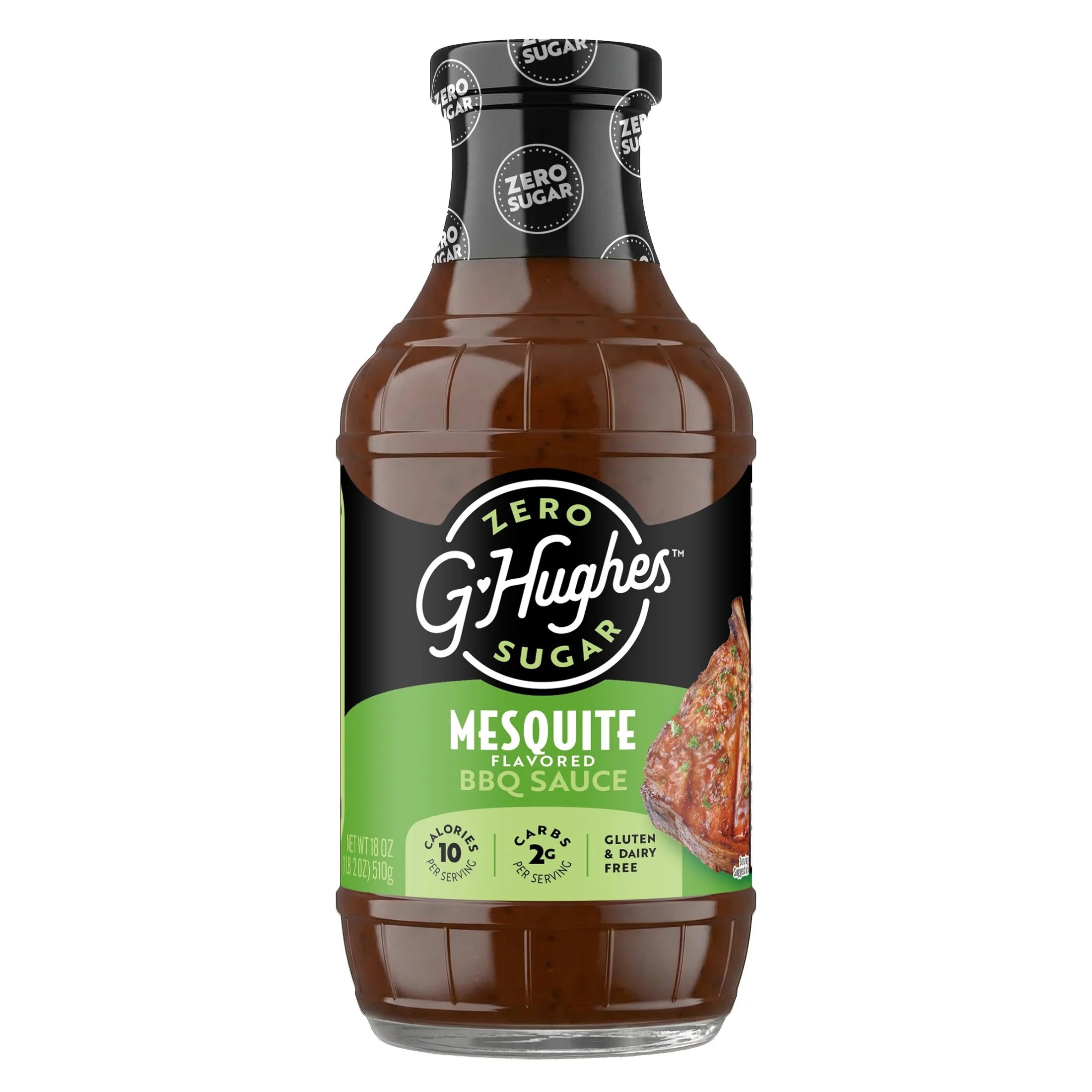A clear bottle of G. Hughes Mesquite Flavored BBQ Sauce features a black and green label highlighting "Zero Sugar," with nutritional information and a picture of grilled meat on the side.