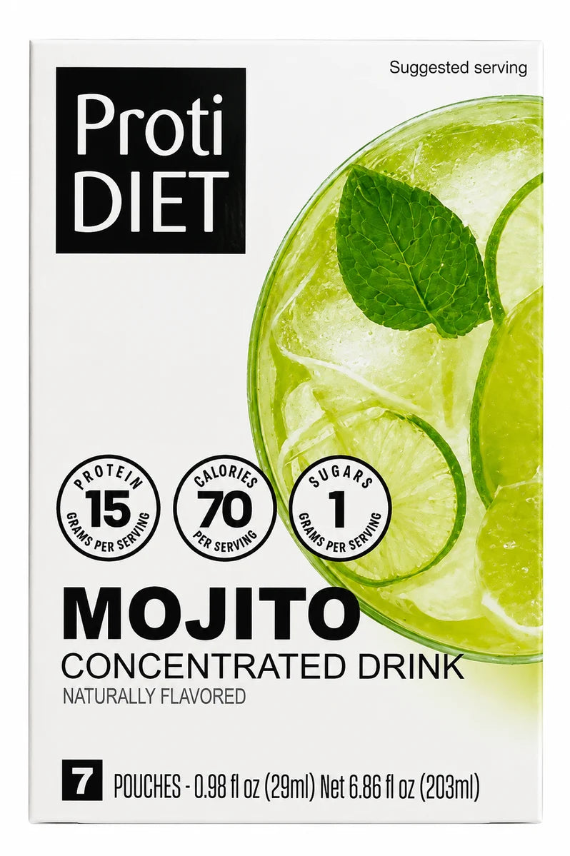 A white box labeled "ProtiDIET Mojito Concentrated Drink" features a close-up of a refreshing drink with mint leaves and lime slices, highlighting nutritional information for protein, calories, and sugars.