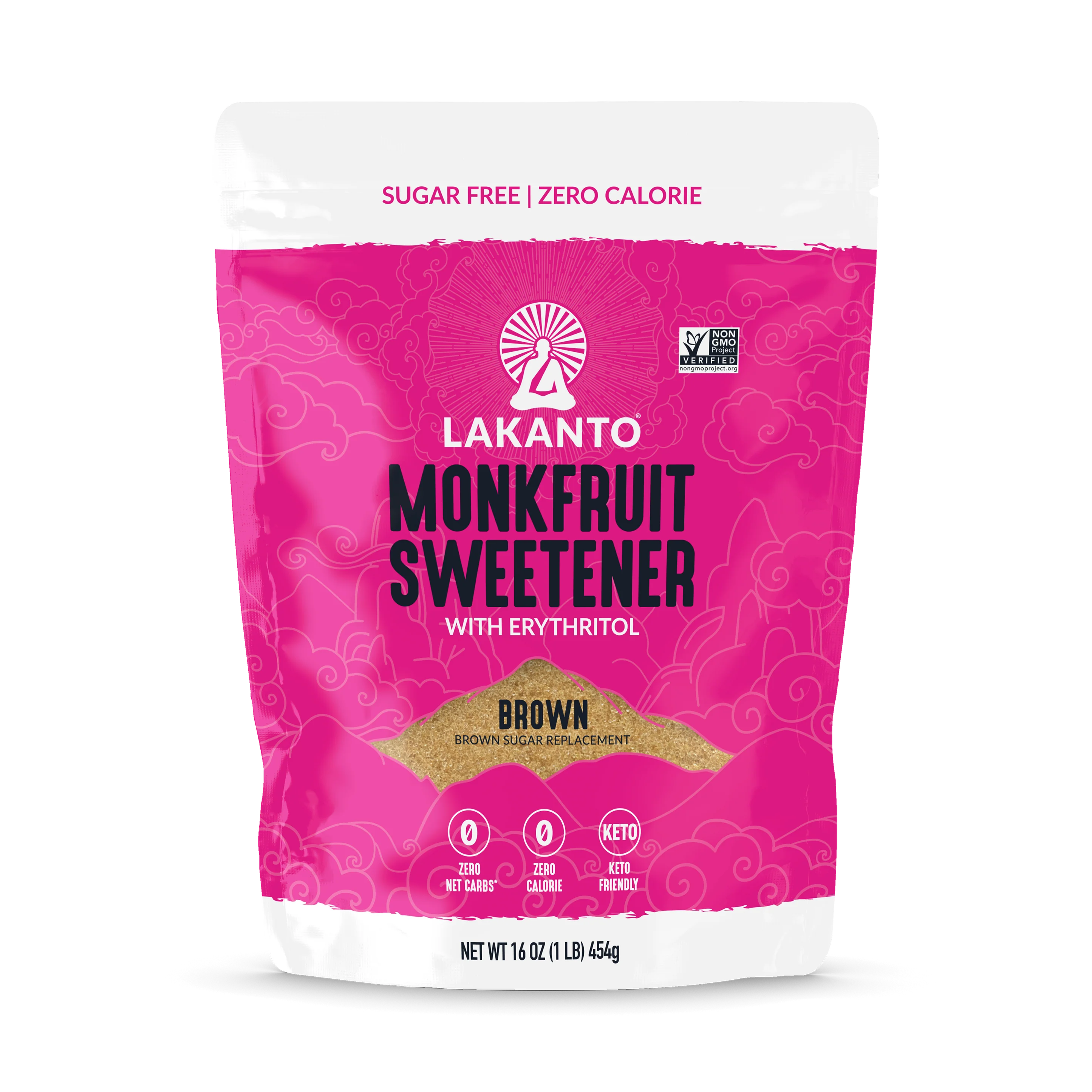 A pink and white bag of Lakanto Monkfruit Sweetener with Erythritol, labeled as "Brown" and featuring notes on being sugar-free, zero-calorie, and keto-friendly, is displayed against a plain background.