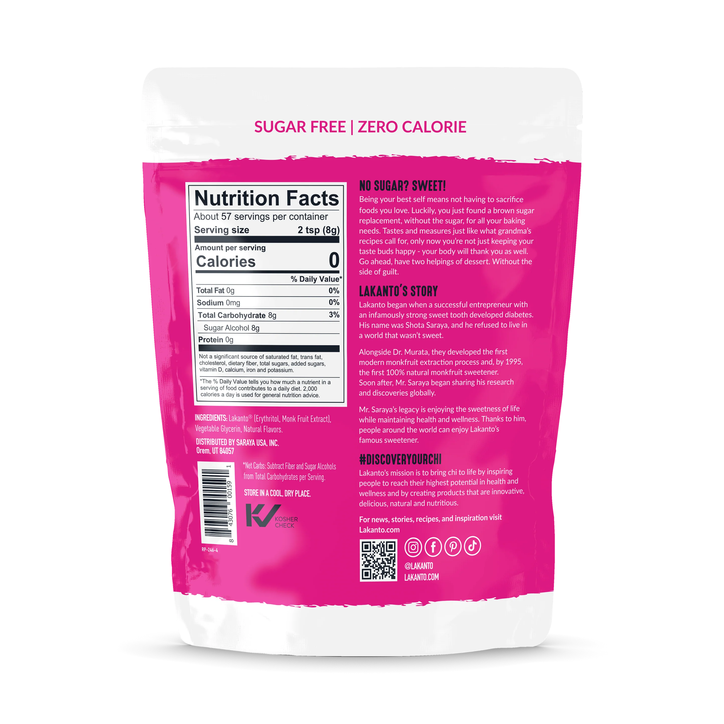 A pink package labeled "Sugar Free | Zero Calorie" displays nutrition facts and ingredients for a sweetener, highlighting its zero-calorie content and suitability for those avoiding sugar.