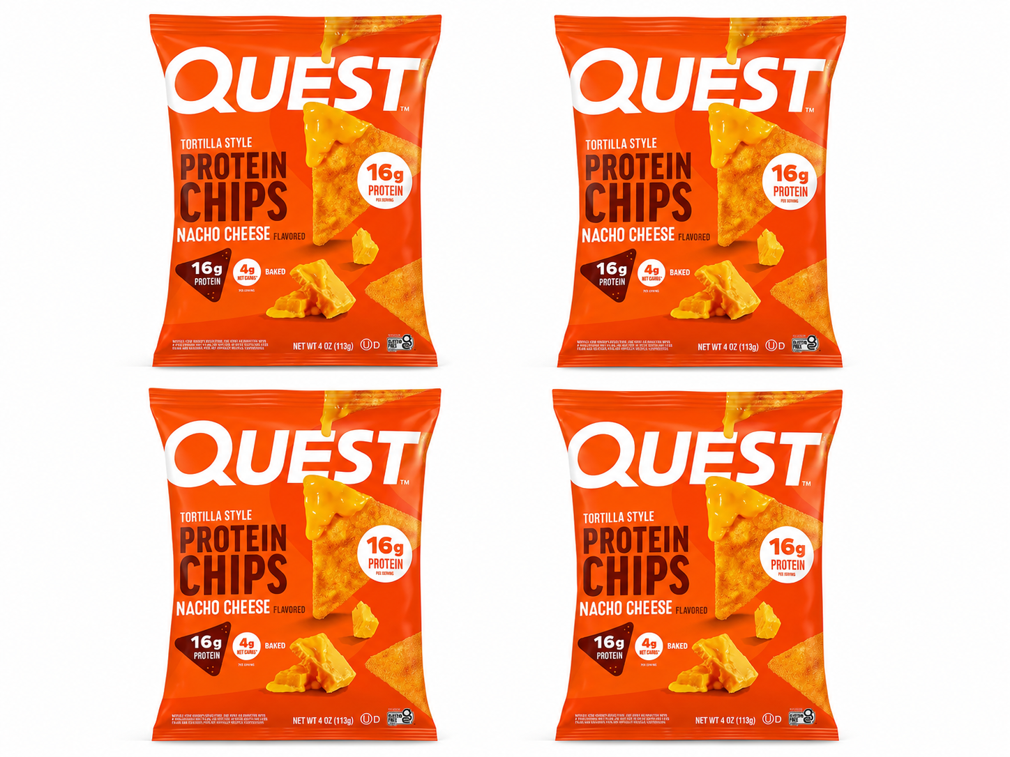 Four bags of Quest Tortilla Style Protein Chips in Nacho Cheese flavor, prominently displaying nutritional information, including 16g of protein and 4g of carbs, against a bright orange background.
