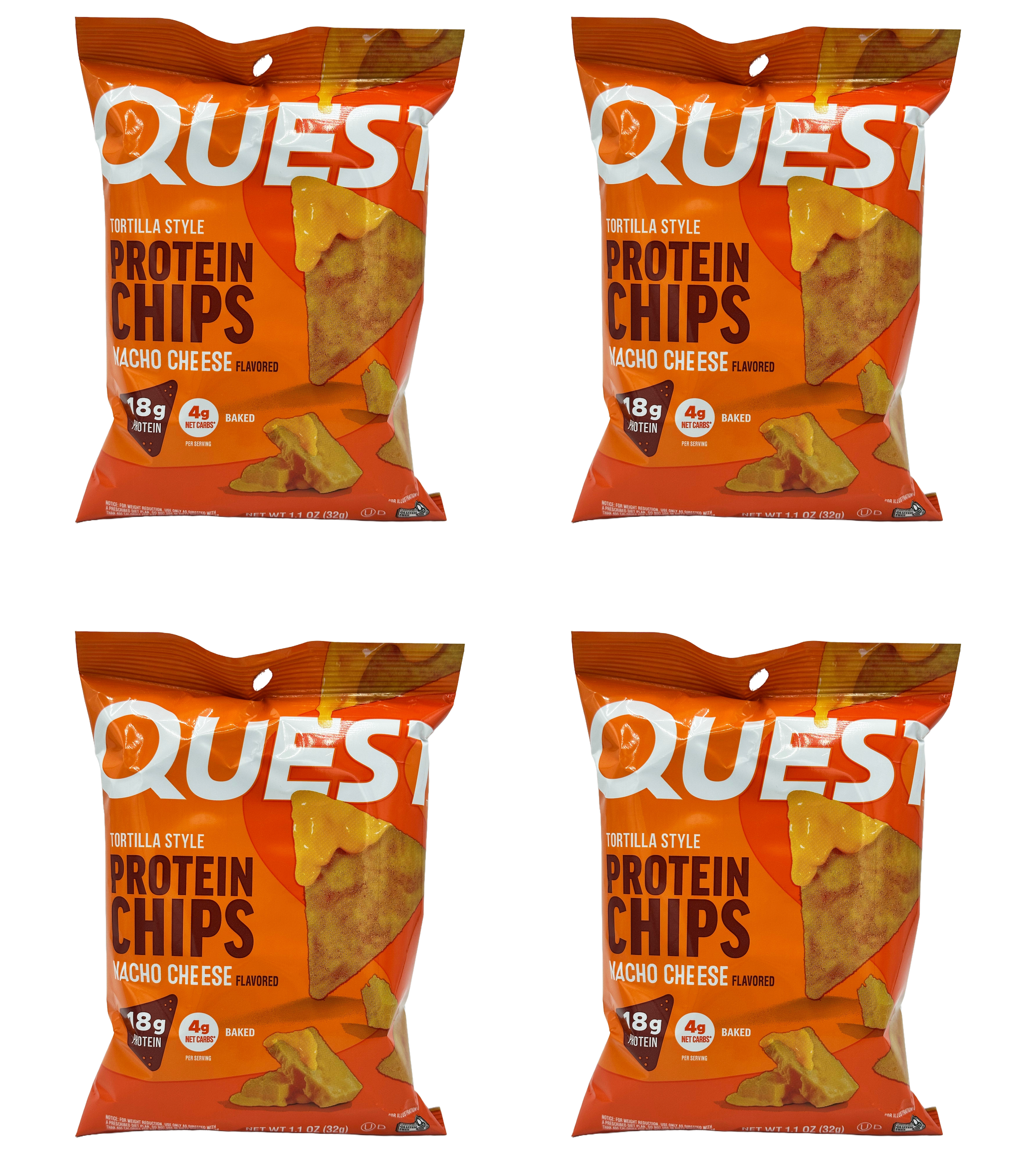 Four bags of Quest Tortilla Style Protein Chips in nacho cheese flavor, each displaying the product name, nutritional information, and a triangular chip graphic on an orange background.