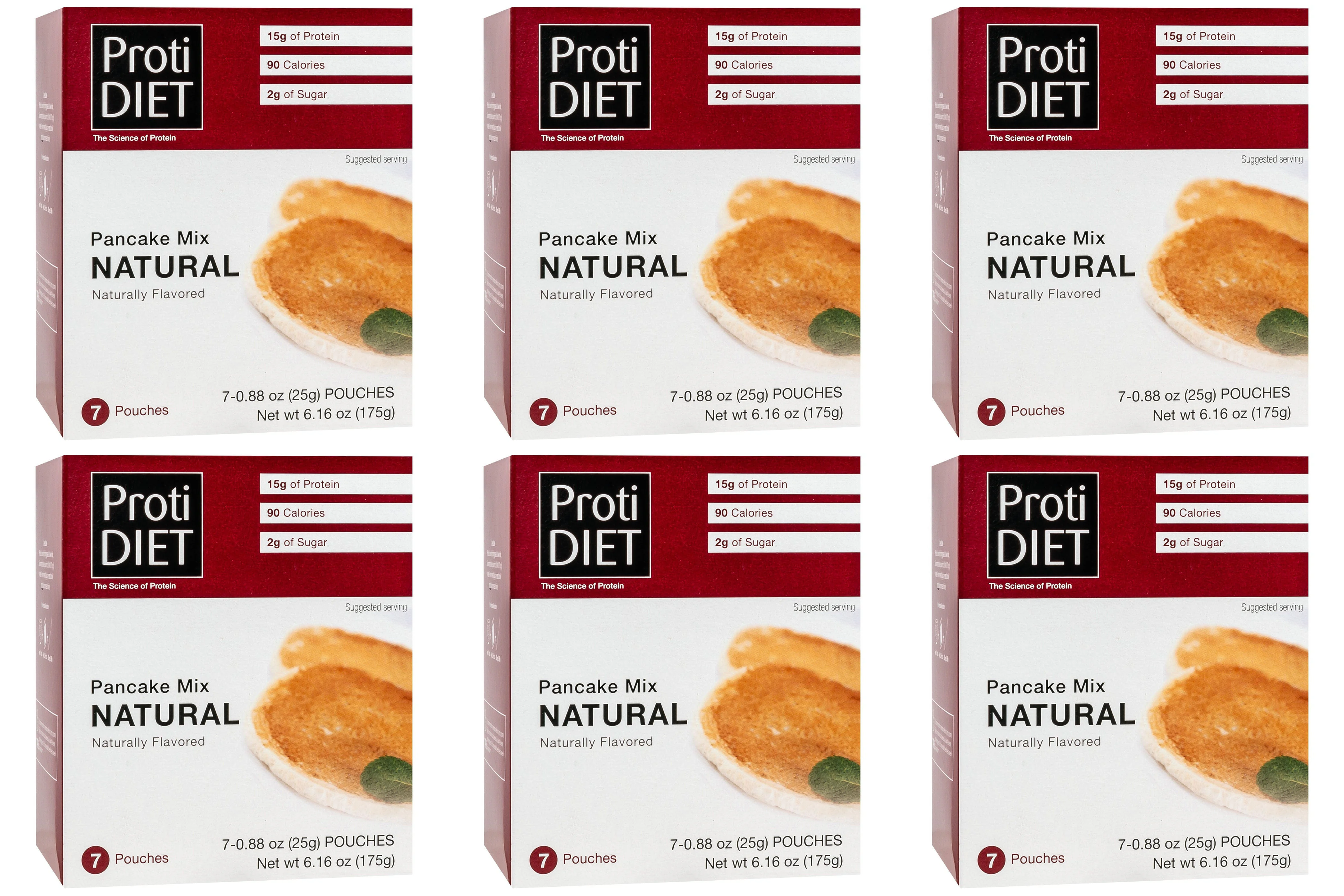 ProtiDIET Natural Pancake Mix comes in a pack of seven 0.88 oz pouches, offering 15g of protein, 90 calories, and 2g of sugar per serving, with a naturally flavored option.