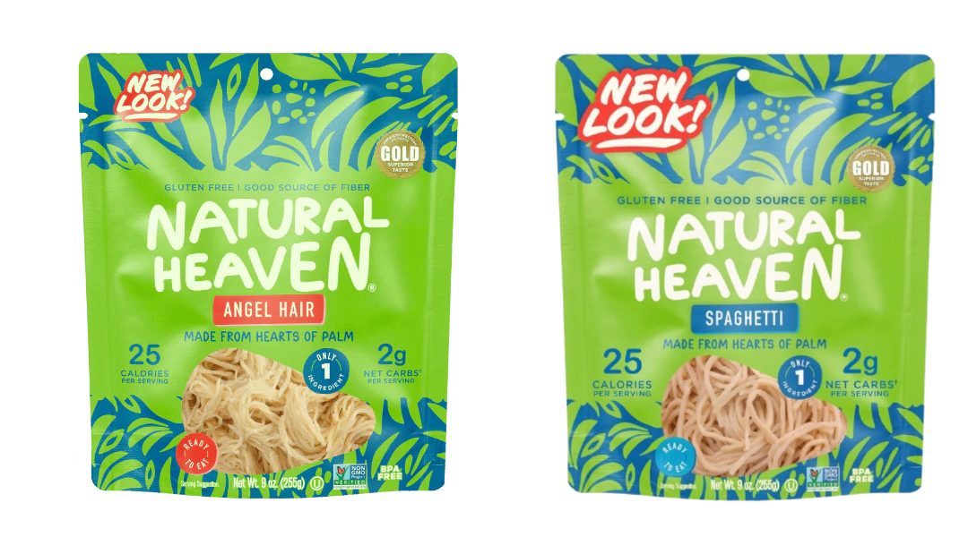 Two green packages of Natural Heaven pasta, labeled "Angel Hair" and "Spaghetti," highlight their gluten-free, low-calorie content, featuring images of the pasta inside and a tropical leaf design.