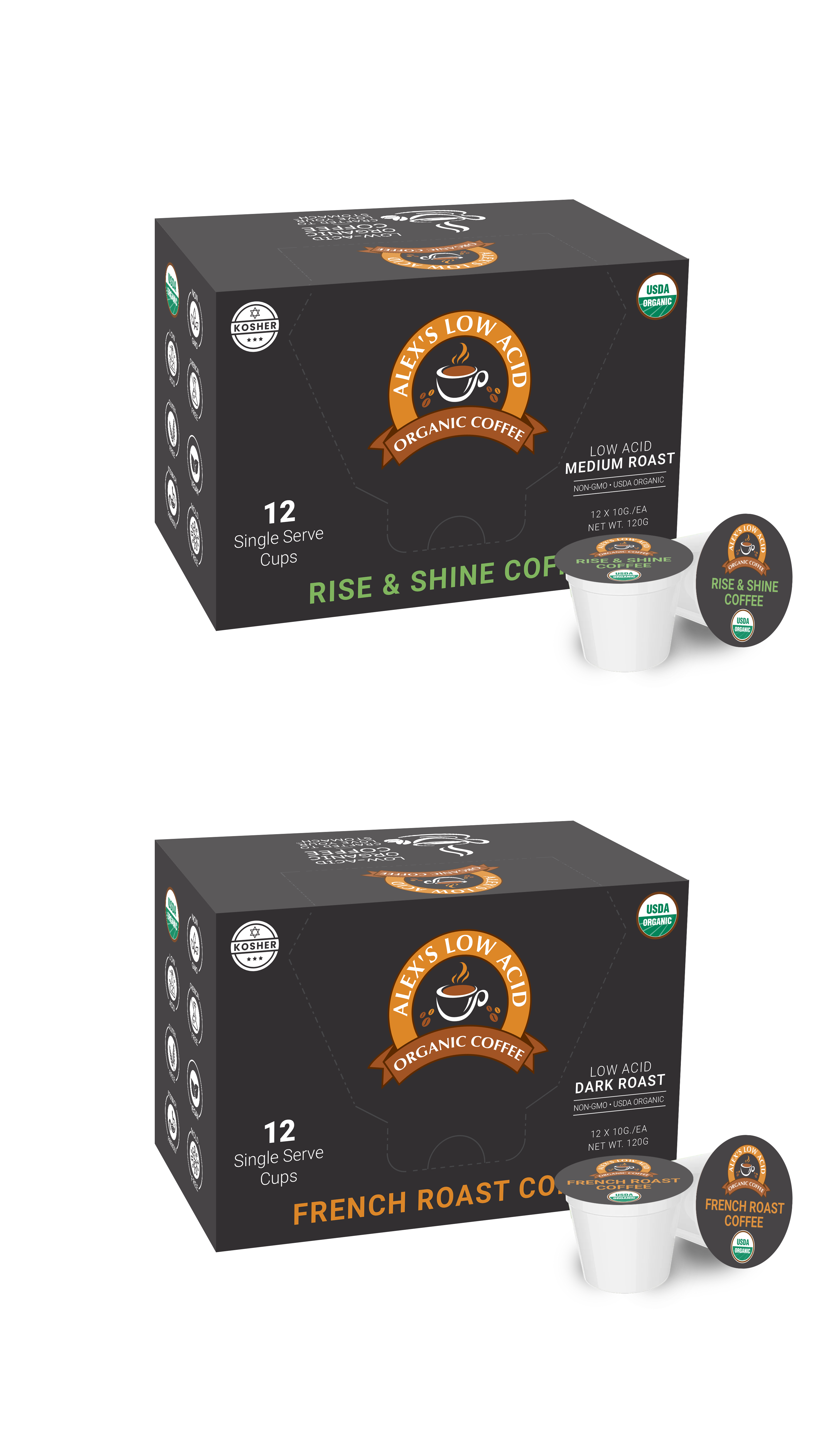 Two boxes of Alex's Low Acid Organic Coffee are displayed, one labeled "Rise & Shine Coffee" in medium roast and the other "French Roast Coffee" in dark roast, each containing 12 single-serve cups.