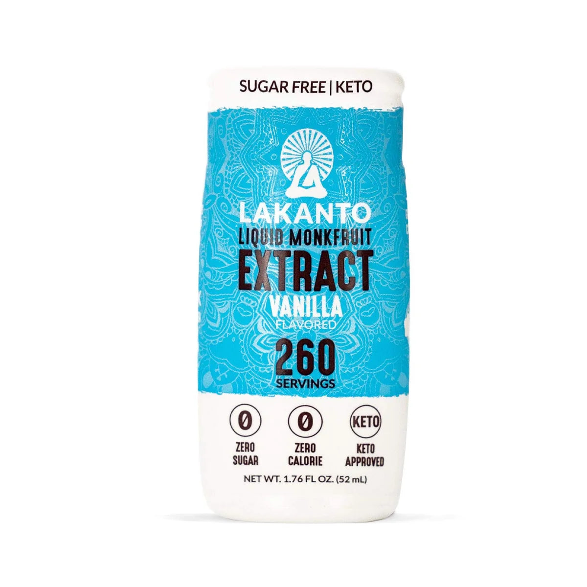 A bottle of Lakanto liquid monk fruit extract in vanilla flavor, featuring a bright blue design, labeled as sugar-free and keto-approved, with 260 servings and a net weight of 1.76 fl oz (52 ml).
