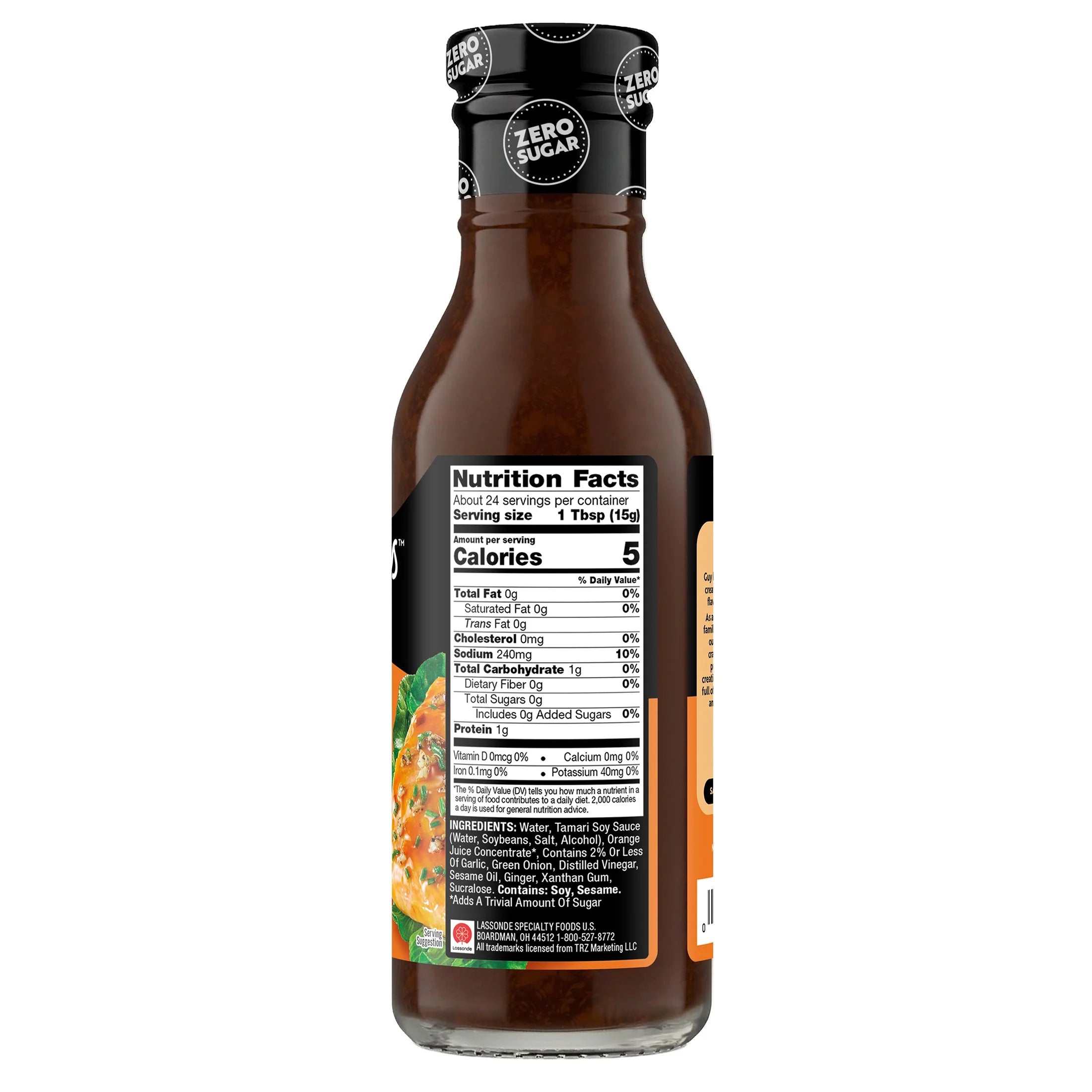 A glass bottle of zero-sugar sauce displays a nutrition facts label, highlighting serving size, calories, and ingredients, with vibrant colors suggesting it’s a flavorful addition to meals.