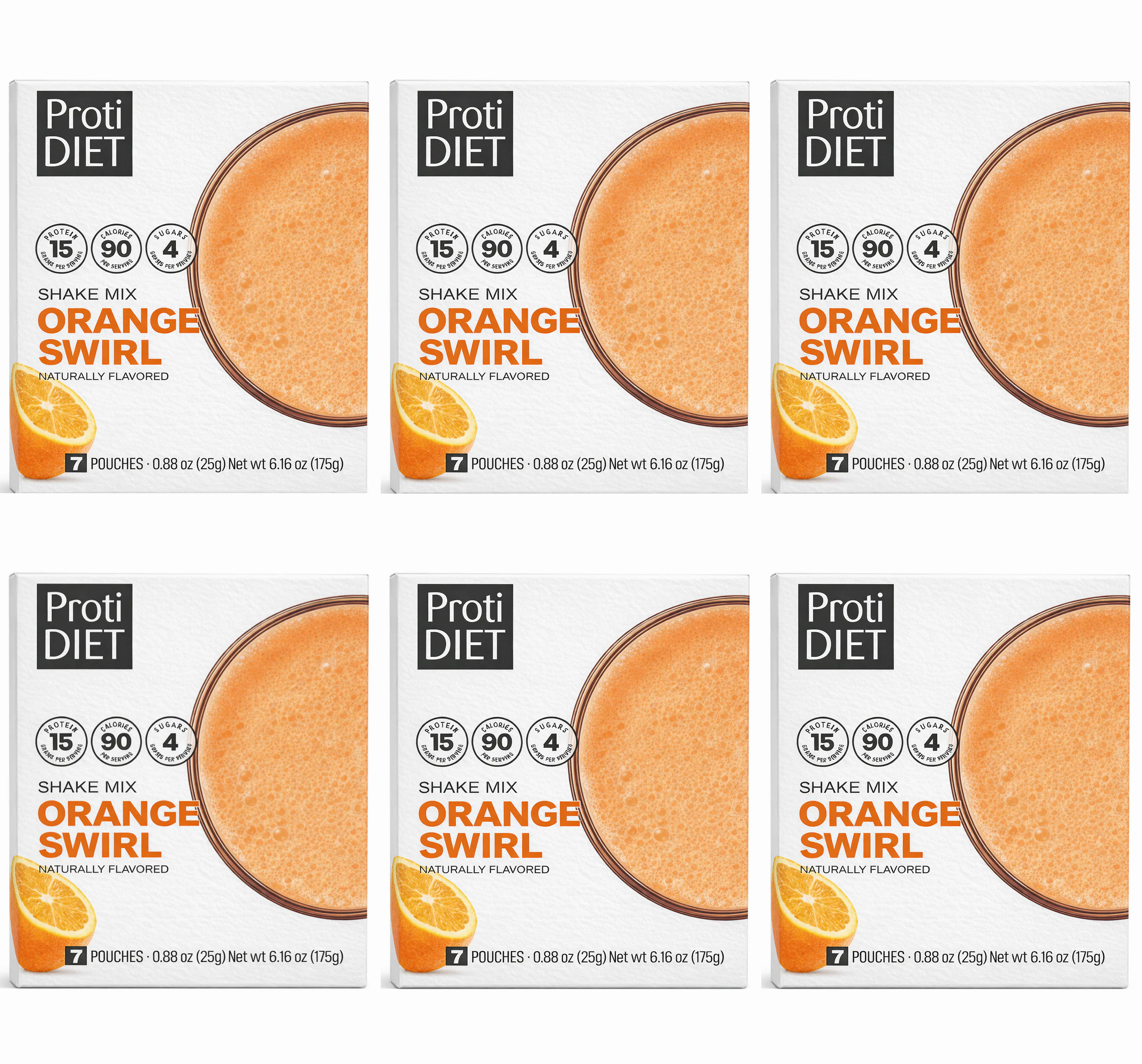 Six boxes of ProtiDIET Orange Swirl shake mix are arranged in a grid, each displaying a vibrant orange drink in a glass and highlighting nutritional information and packaging details.