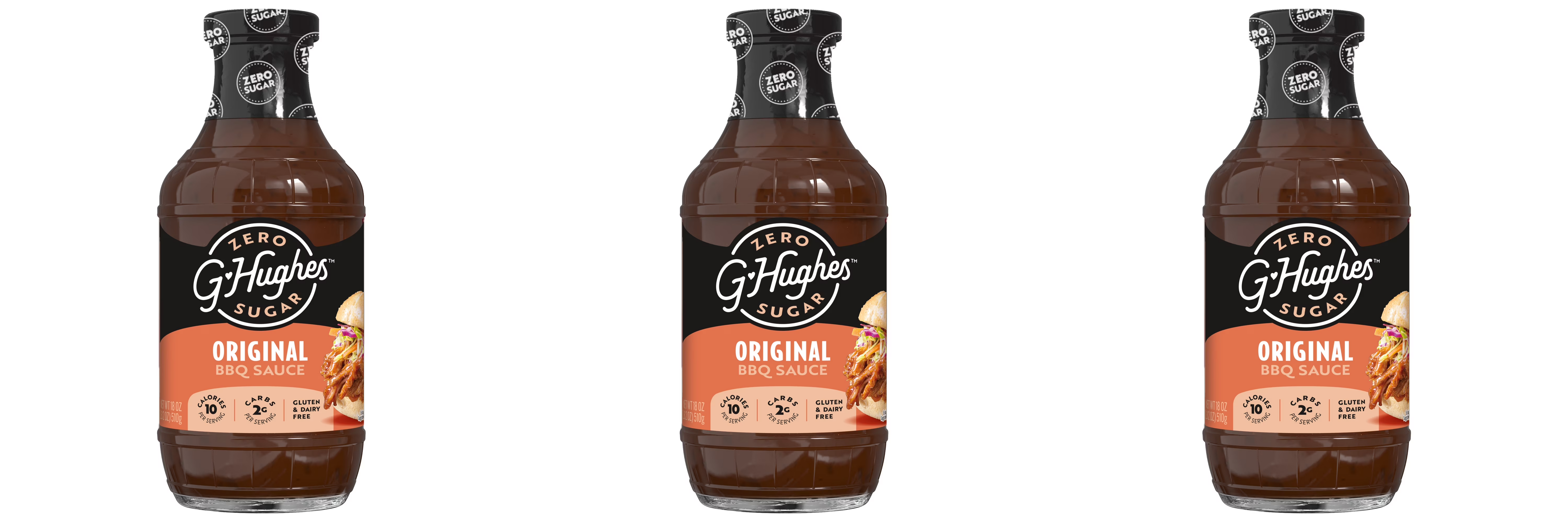 Three bottles of G. Hughes Original BBQ Sauce are displayed, featuring a dark brown liquid in a clear bottle with a black and orange label indicating it is zero sugar, gluten-free, and dairy-free.