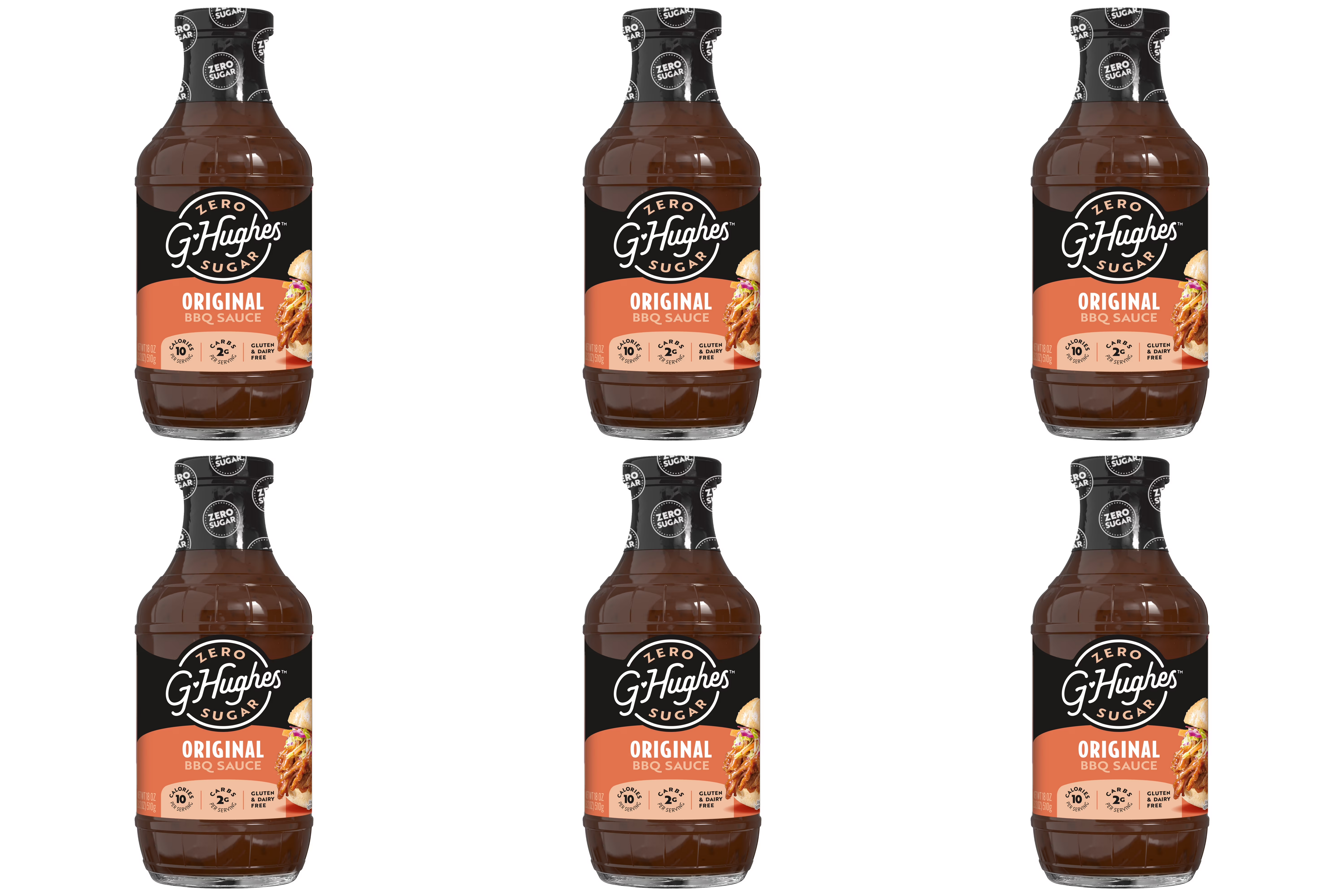 Six bottles of G. Hughes Zero Sugar Original BBQ Sauce are displayed in a grid, featuring a black label with orange accents and images of food, emphasizing its gluten-free and low-calorie attributes.