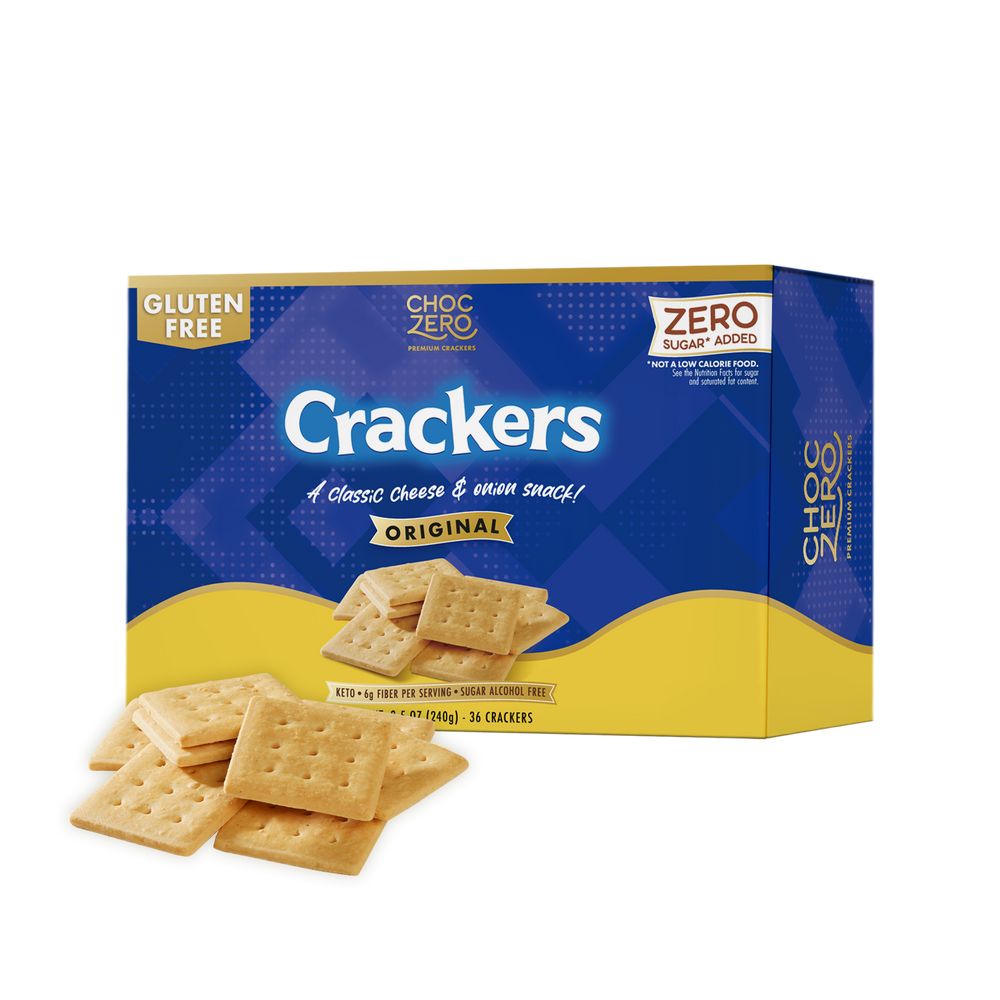 A box of ChocZero gluten-free crackers is displayed with several crackers in front, featuring bold text that reads "Crackers" and highlights "A classic cheese & onion snack!"