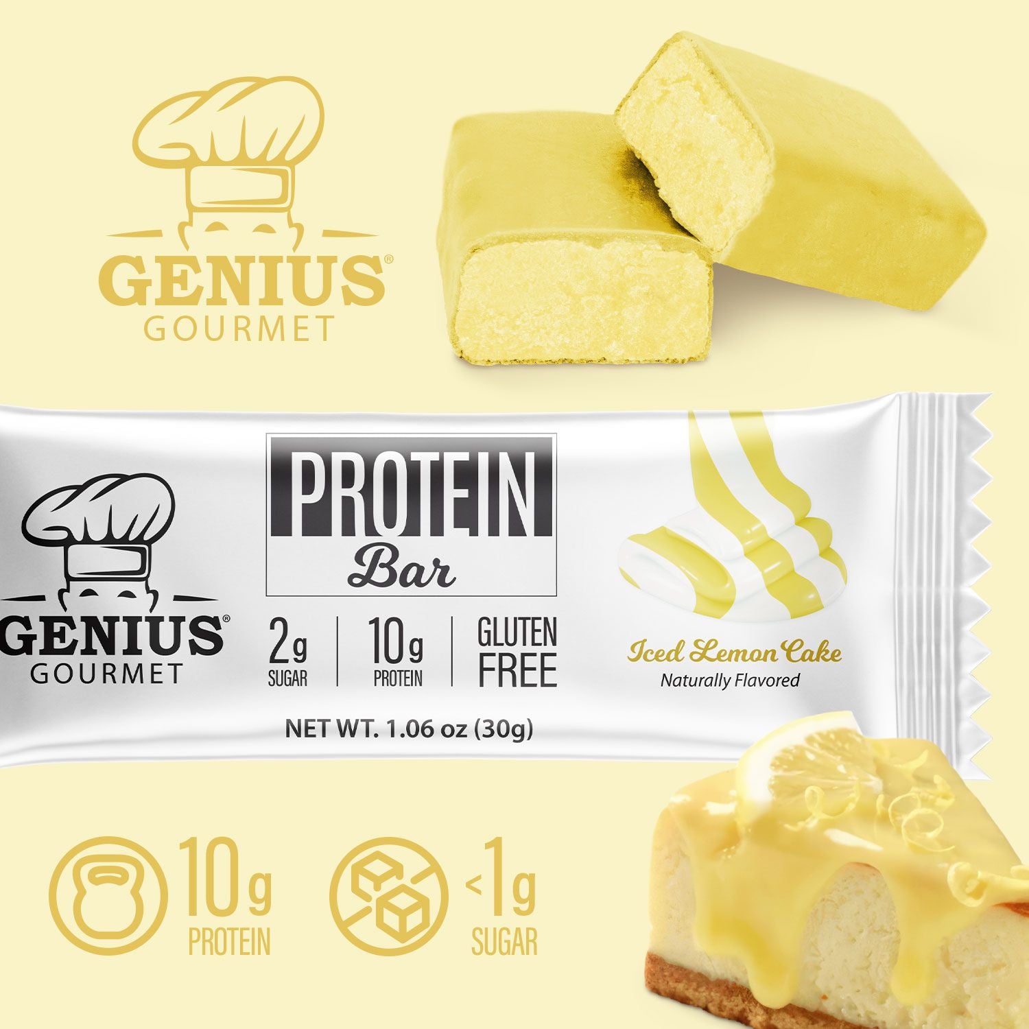 Genius Gourmet Keto Protein & Snack Bars - Iced Lemon Cake