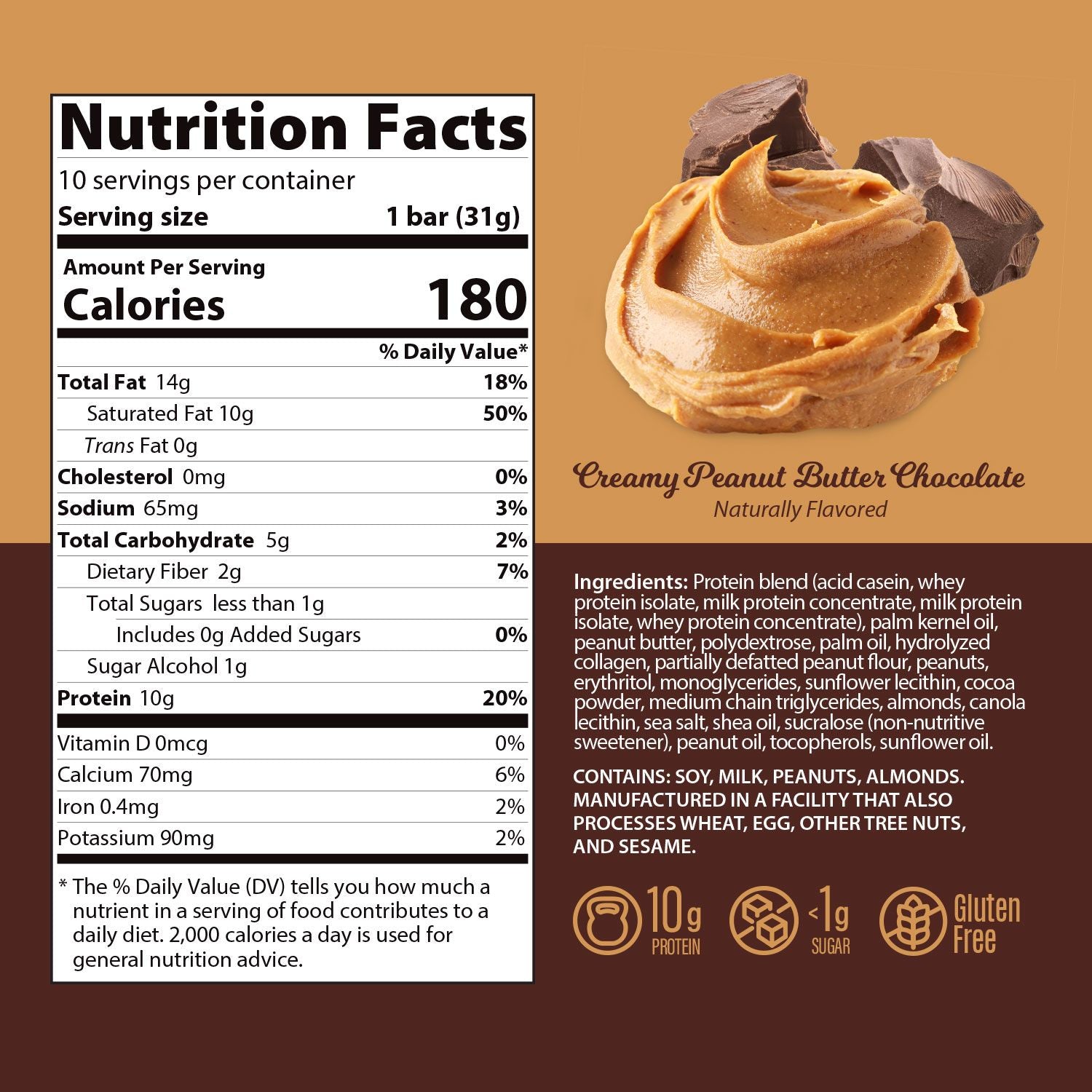 Genius Gourmet Keto Protein & Snack Bars - Creamy Peanut Butter Chocolate