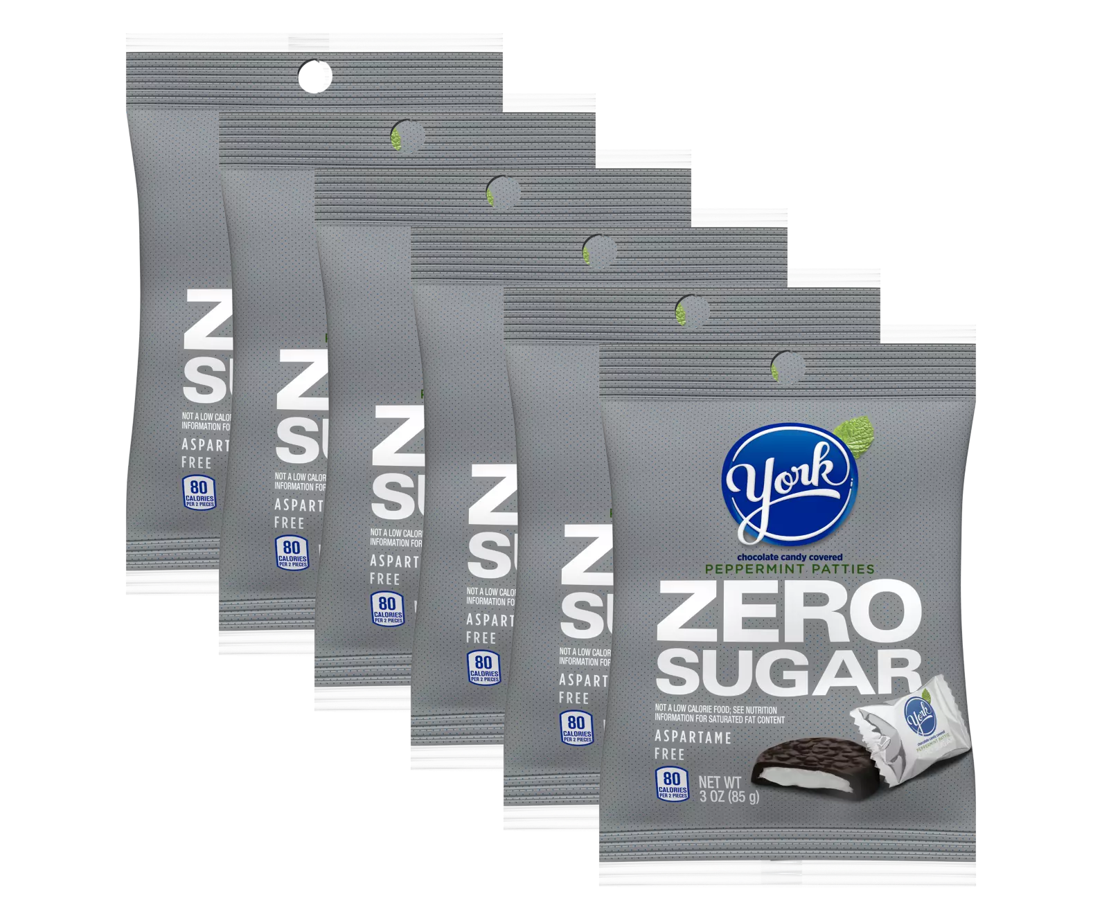 Six packages of York Zero Sugar Peppermint Patties are displayed, featuring a gray design with the brand logo, highlighting that they are aspartame-free and contain 80 calories per serving.