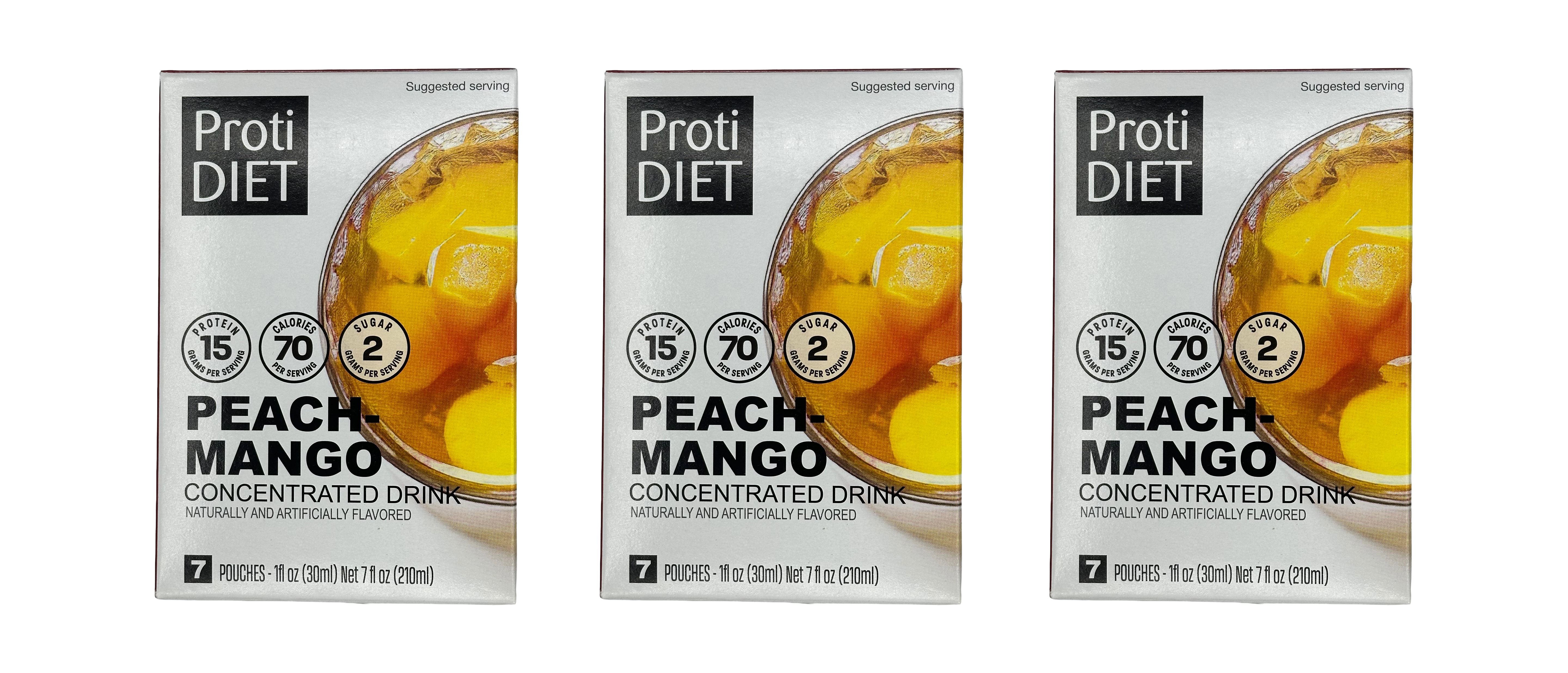 Three boxes of Proti DIET Peach-Mango concentrated drink mix are displayed, each showing nutritional information, including 15 grams of protein, 70 calories, and 2 grams of sugar per serving.