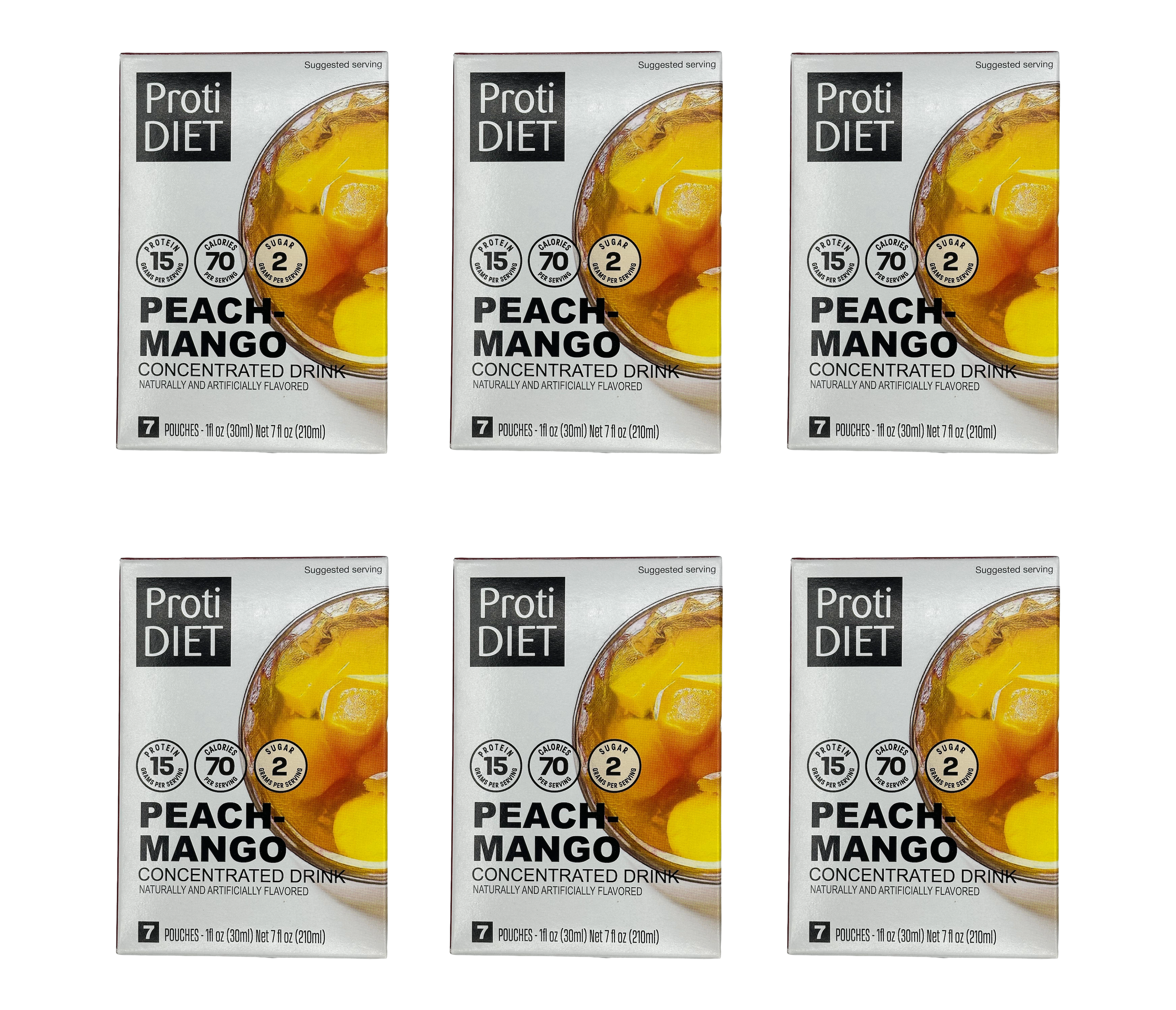 Six boxes of ProtiDiet Peach Mango concentrated drink are arranged in two rows, each box displaying nutritional information and suggesting serving size, emphasizing its flavor and low-calorie content.