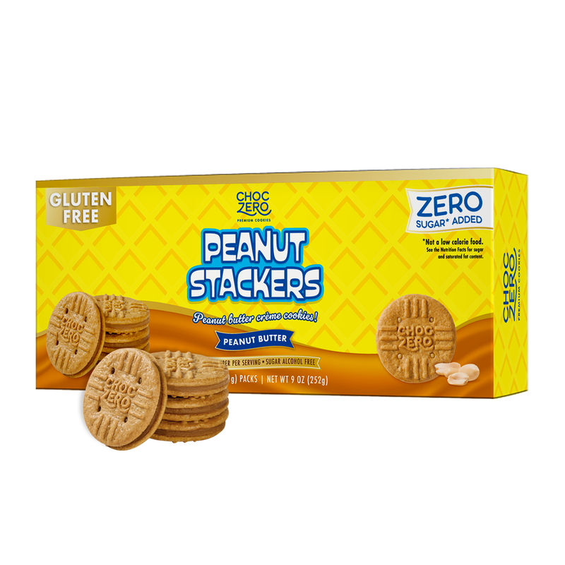 A box of ChocZero Peanut Stackers, gluten-free peanut butter crème cookies, is displayed with several cookies stacked in front, featuring bright yellow packaging and nutritional information.