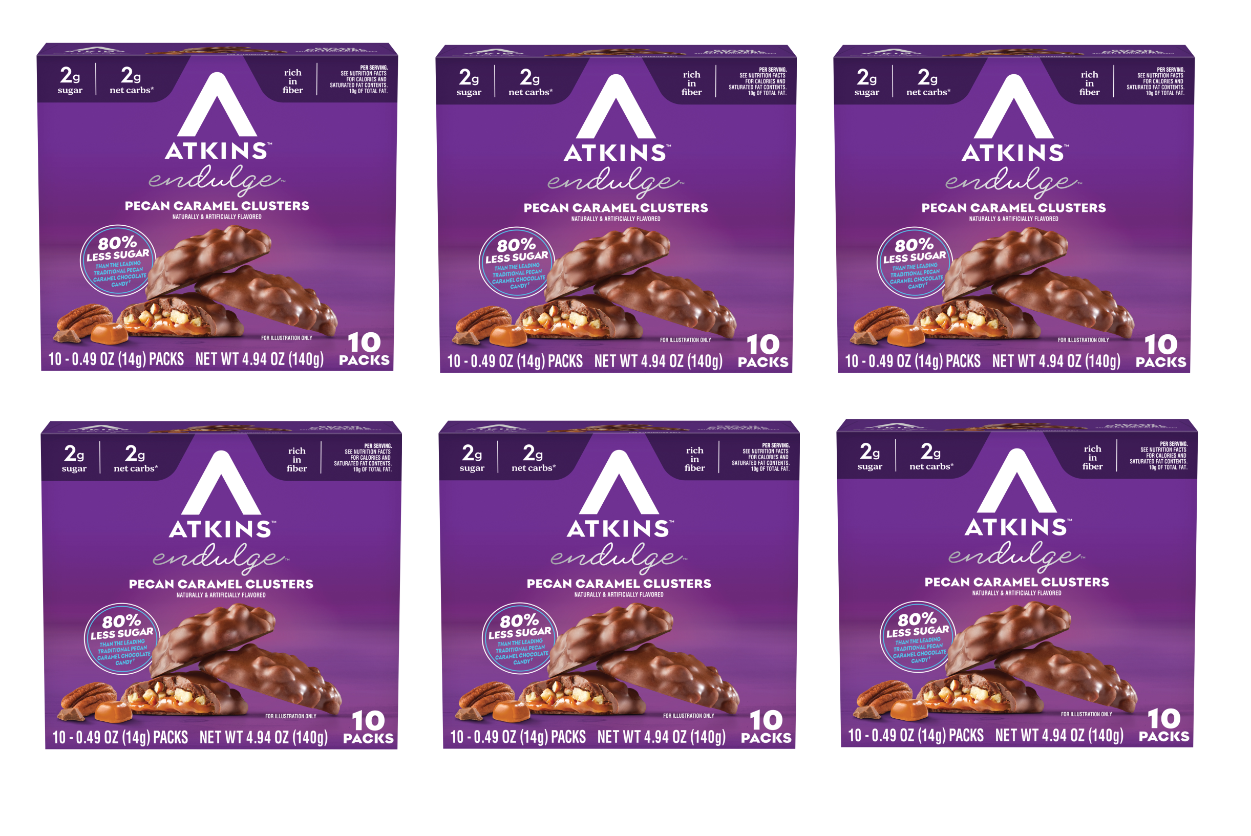 Six boxes of Atkins Endulge Pecan Caramel Clusters are arranged in two rows, each box displaying the product name, nutritional information, and a photo of the chocolate-covered clusters.