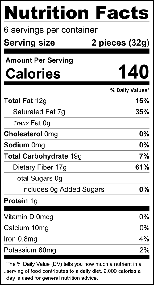 Nutrition facts label displaying information for a food product, including serving size, calories, and nutrient content such as fat, carbohydrates, fiber, and protein per serving.