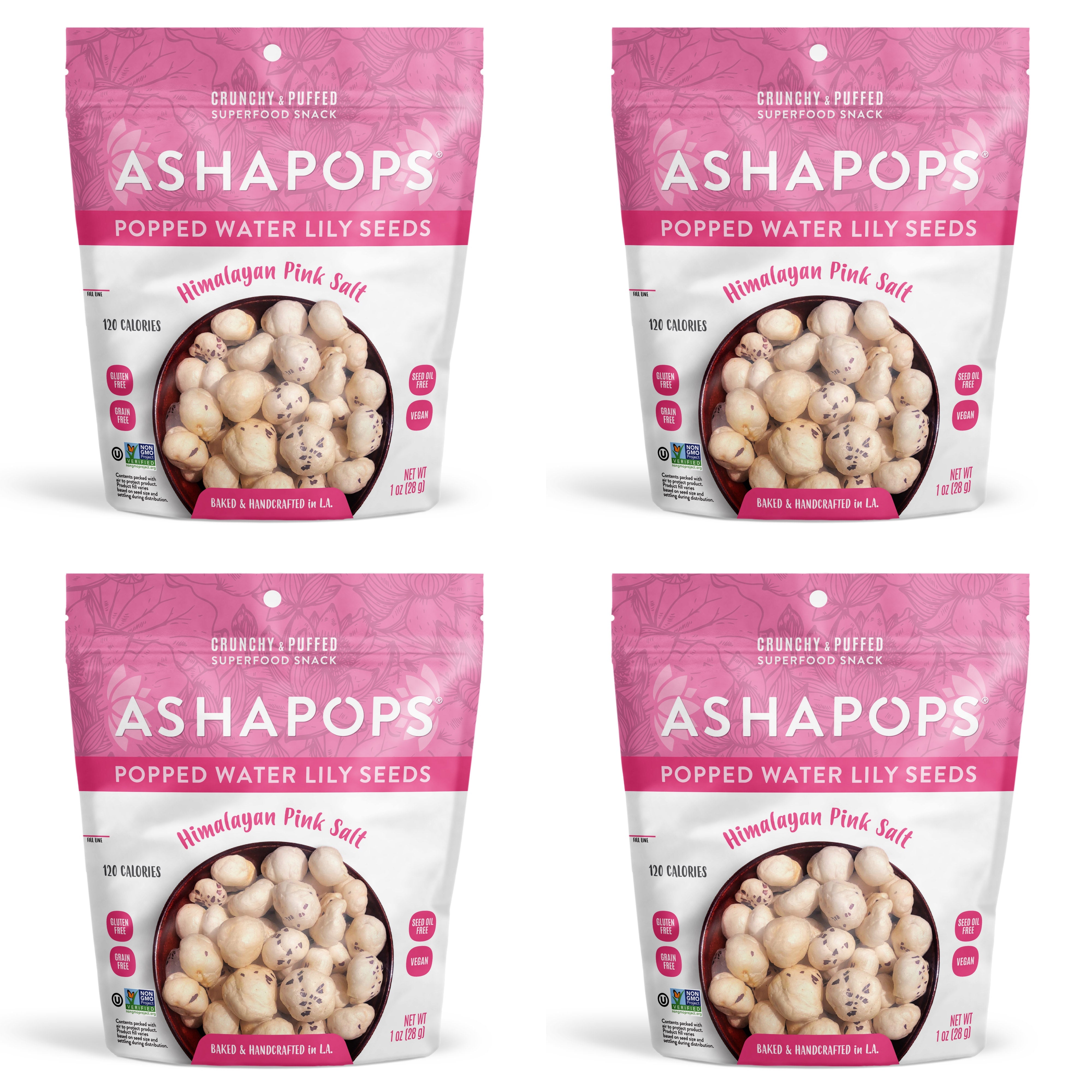 Four bags of ASHAPOPS popped water lily seeds are displayed, featuring a pink design and label that highlights Himalayan pink salt, with each bag containing 120 calories and labeled as vegan.