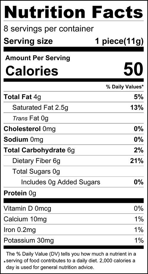 A nutrition facts label displays serving size, calories, and nutrient breakdown, including total fat, carbohydrates, fiber, and vitamins, for an 11g piece of the product with 8 servings per container.