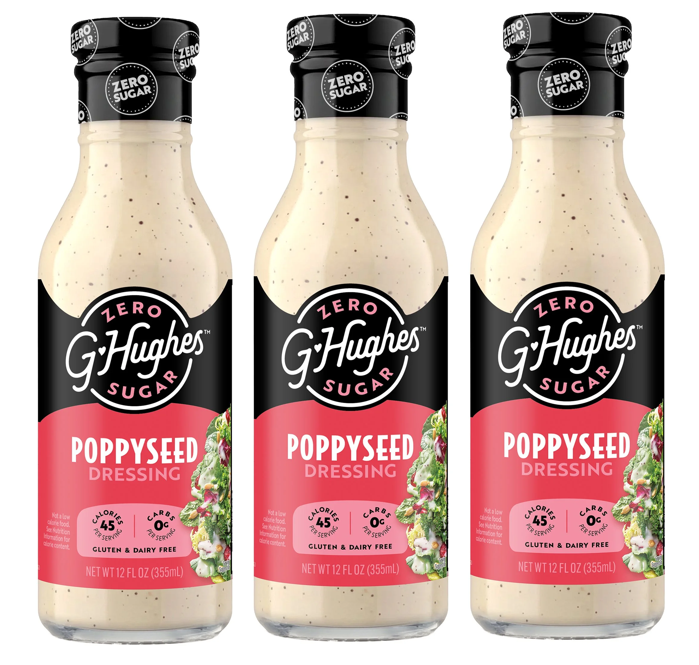 Three bottles of G. Hughes Zero Sugar Poppyseed Dressing are displayed, featuring a creamy beige color with black and pink labels, highlighting that the dressing is gluten and dairy-free.