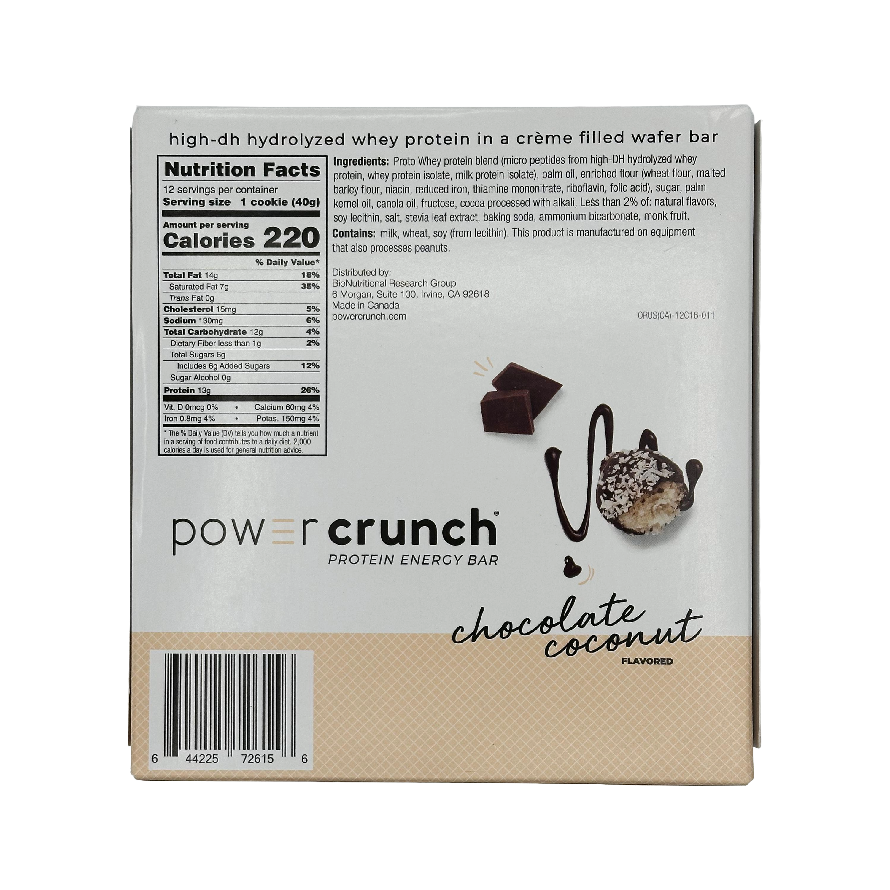 The back of a Power Crunch protein energy bar box displays nutrition facts, ingredients, and a chocolate coconut flavor illustration, featuring a cookie and chocolate pieces.