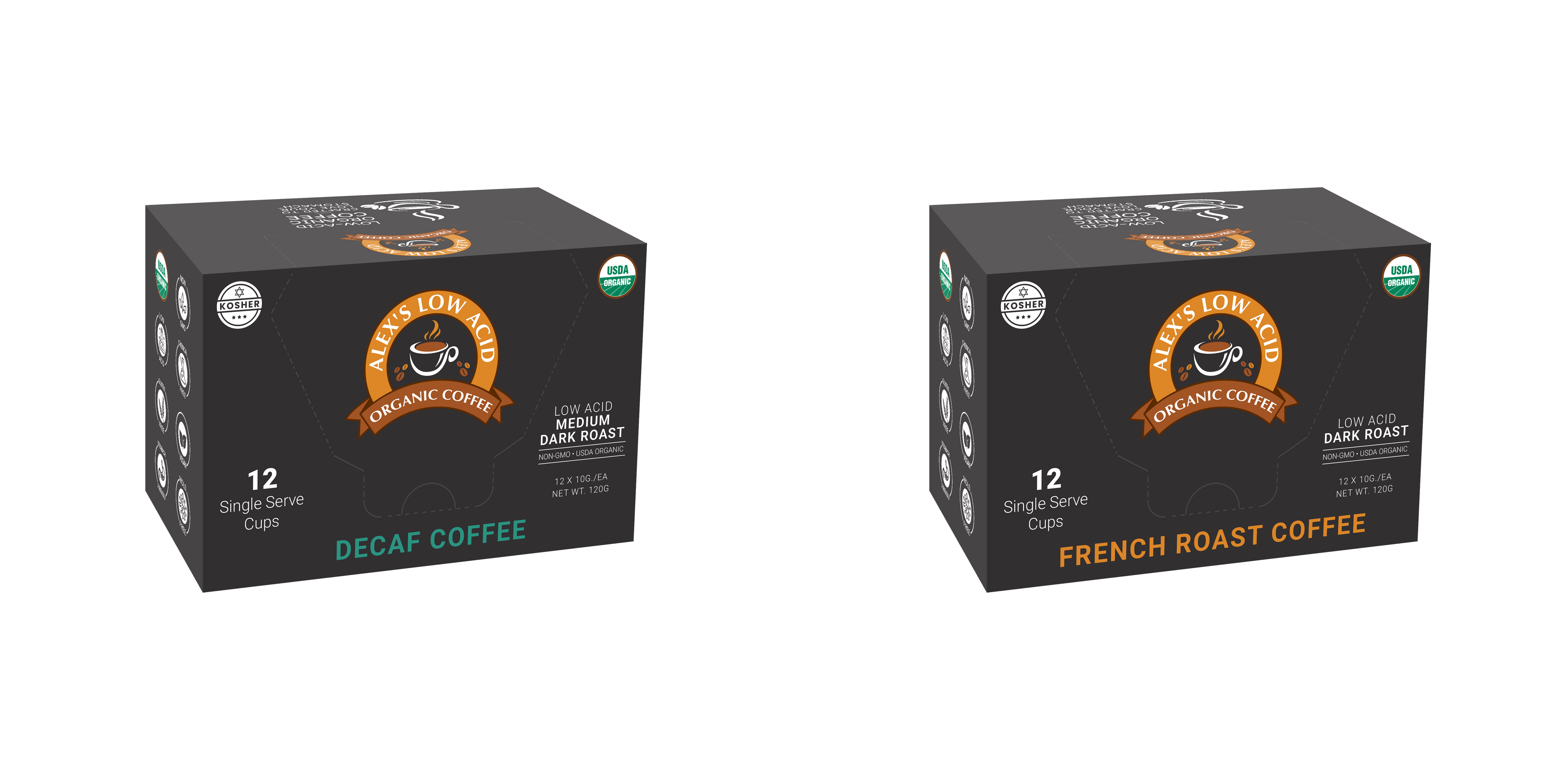 Two boxes of Alex's Low Acid Organic Coffee are displayed side by side, featuring Decaf Coffee in teal and French Roast Coffee in orange, each containing 12 single serve cups.