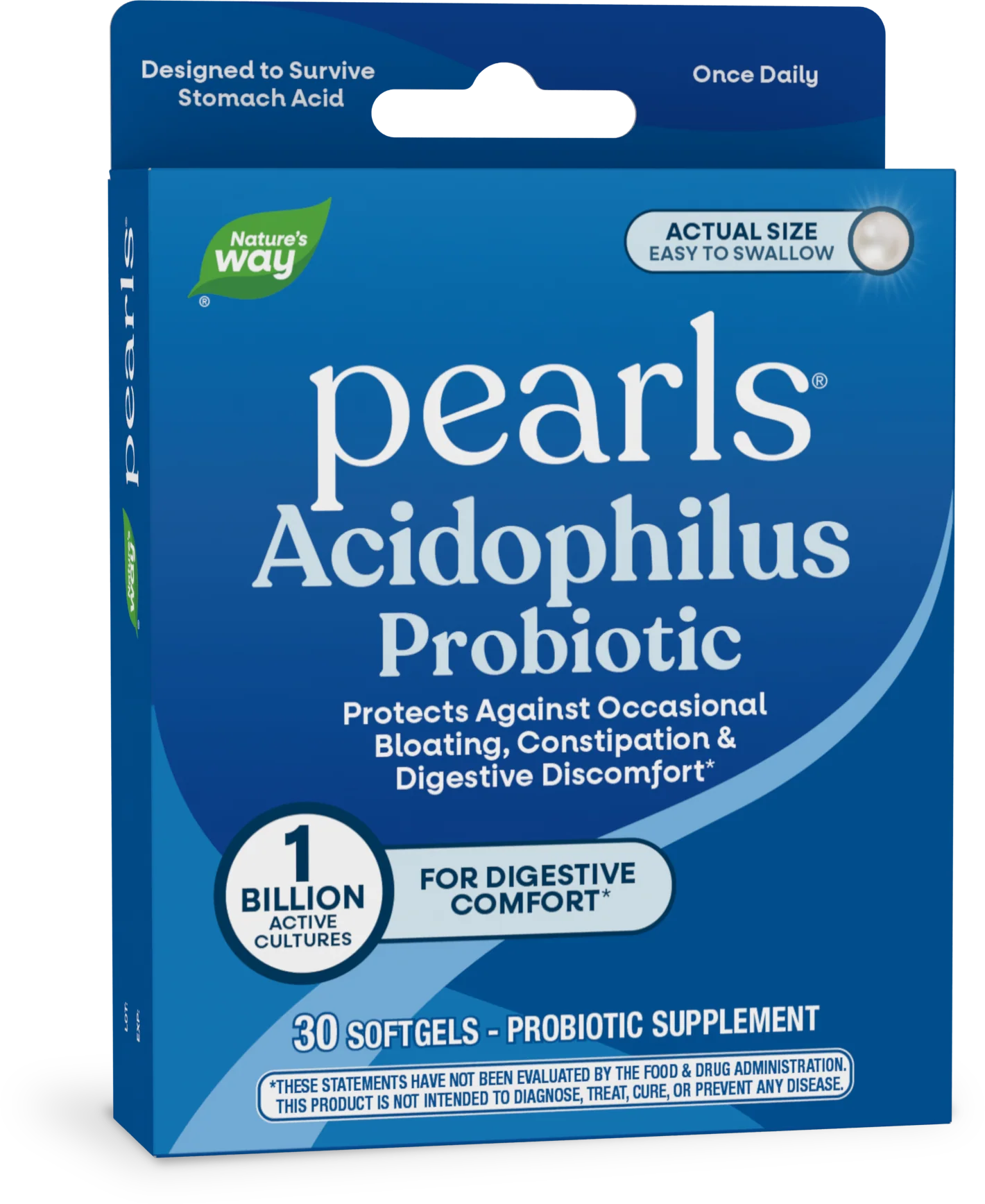 A blue box of Nature's Way Pearls Acidophilus Probiotic, featuring the text "1 Billion Active Cultures" and "30 Softgels," highlights its benefits for digestive comfort and is labeled as easy to swallow.